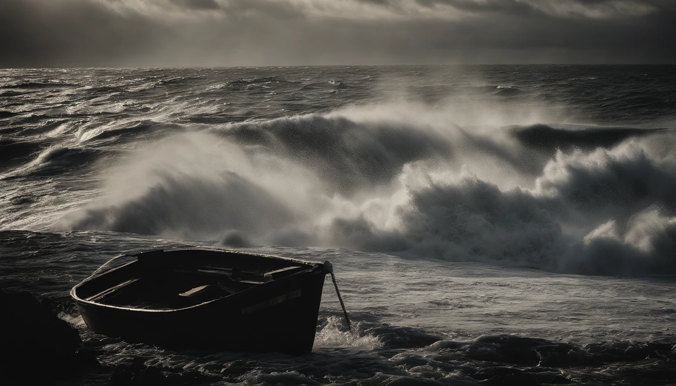 uma tempestade em alto mar. nuvens escuras, muita chuva e raios, ondas grandes, um barco da antiguidade, From the Old Testament of the Bible.