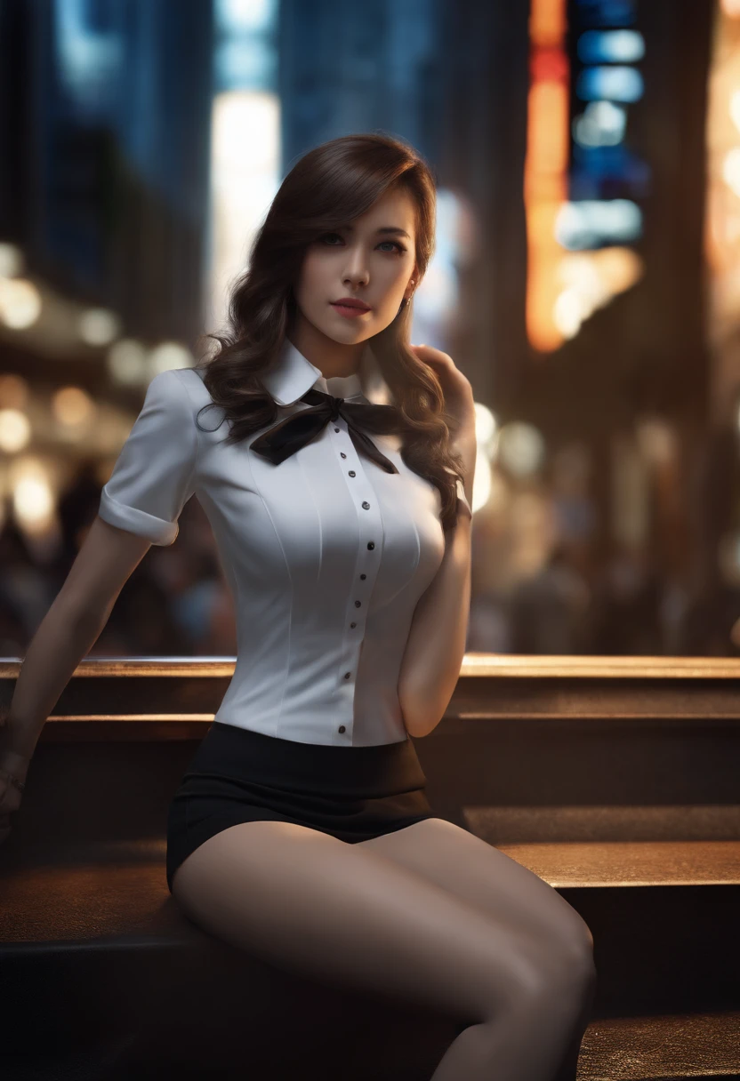 (best quality, masterpiece:1.2), (photorealistic:1.2),(cinematic composition:1.3), ultra high res, cinematic lighting, ambient lighting, sidelighting, Exquisite details and textures, 1woman, mature woman, detailed beautiful breasts, medium_breast, solo, knee shot, standing, perfect detailed beautiful face, Accent Lighting, long hair, hair pulled back, looking at viewer, (from below:0.9), slim body, sitting, detailed face,JK uniform, school unifrom, skirt, black pantyhose, high heel, street, city view, outdoors , shibuya \(tokyo\), shinjuku \(tokyo\), detailed background, depth of field, professional lighting, photon mapping, radiosity, physically-based rendering,
sexually suggestive, cleavage,
