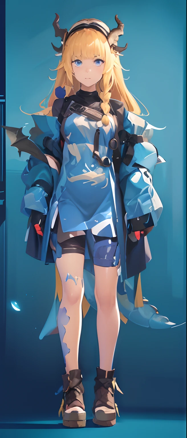 A young girl with dragon horns on her head,There is a dragon's tail on the back,Water blue tones