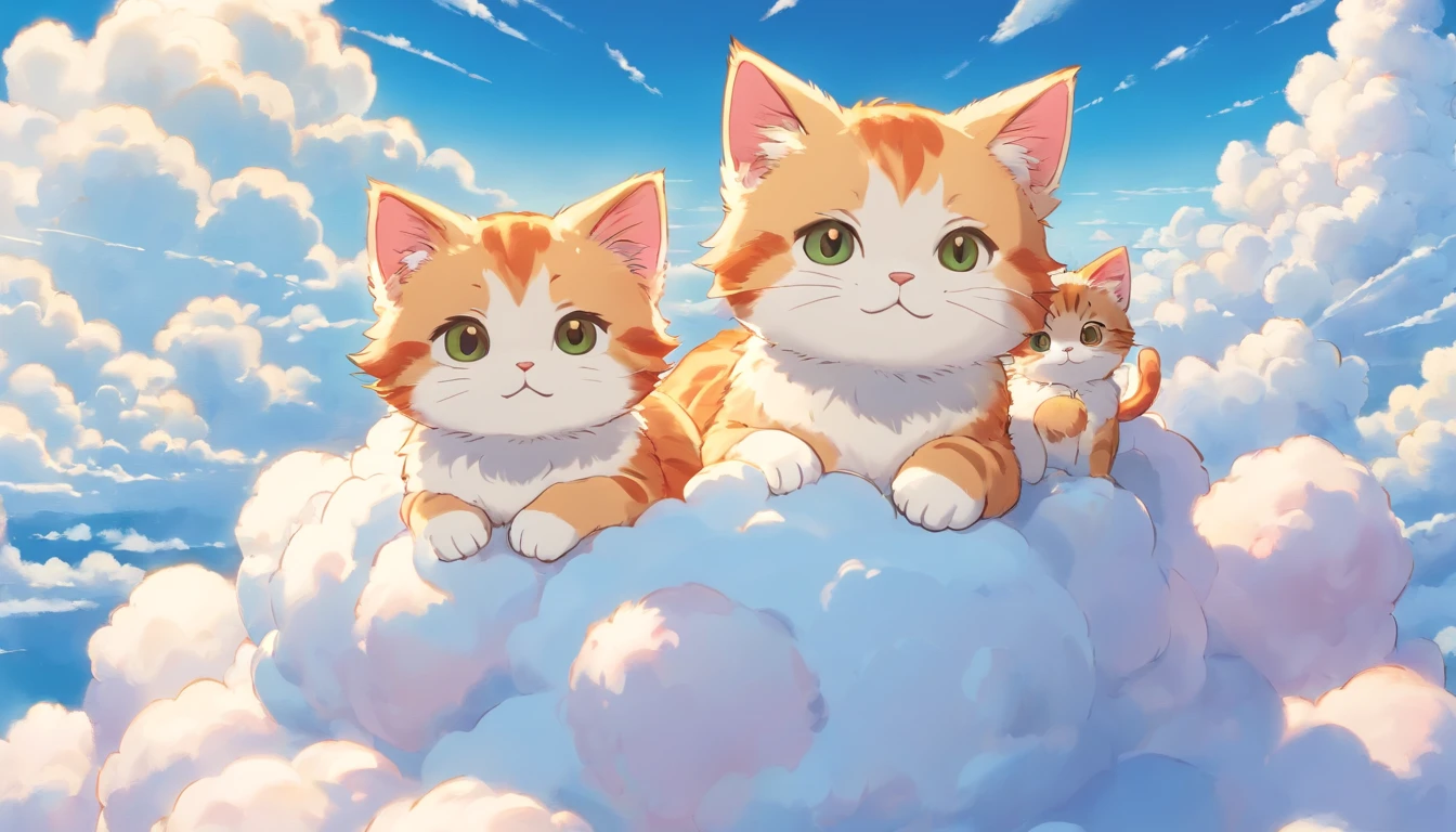comic strip, Cute and adorable kittens lying on beautiful fluffy clouds in the sky, On thick clouds such as marshmallows,Detail enhancement,8K,super-fine,concept-art,number art