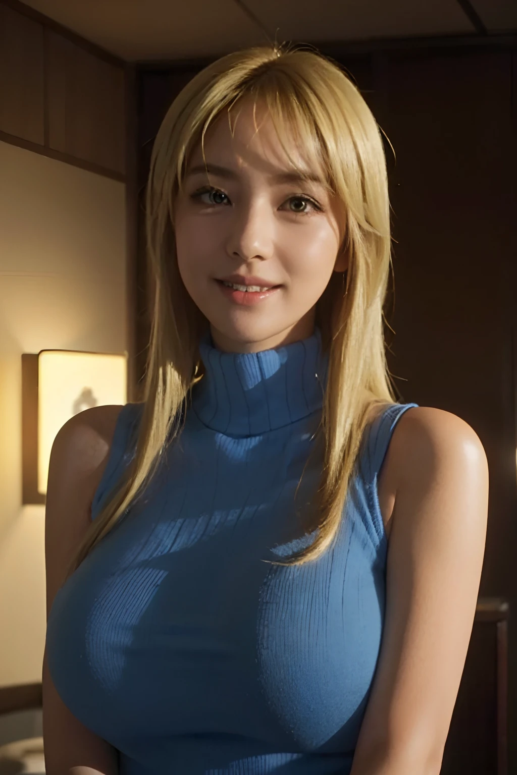 80's_jiaopian, 1girl, blonde hair, ((realistic)), ((photorealistic)),((high-res, masterpiece, best quality, cinema lighting)), masterpiece, best quality:1.2), upper body, solo, 1girl, smile, closed mouth, masterpiece, best quality, 4k, photograph, cinemtaic lighting, modelshoot, perfect lighting, perfect detailed face, professional photoshoot, seductive smile, wide hips, thick thighs, short female,(((huge breasts))),((((shizuka marikawa)))), blonde hair, blue turtle neck sweater, sleeveless, realistic,(((beautiful))),japanese female,