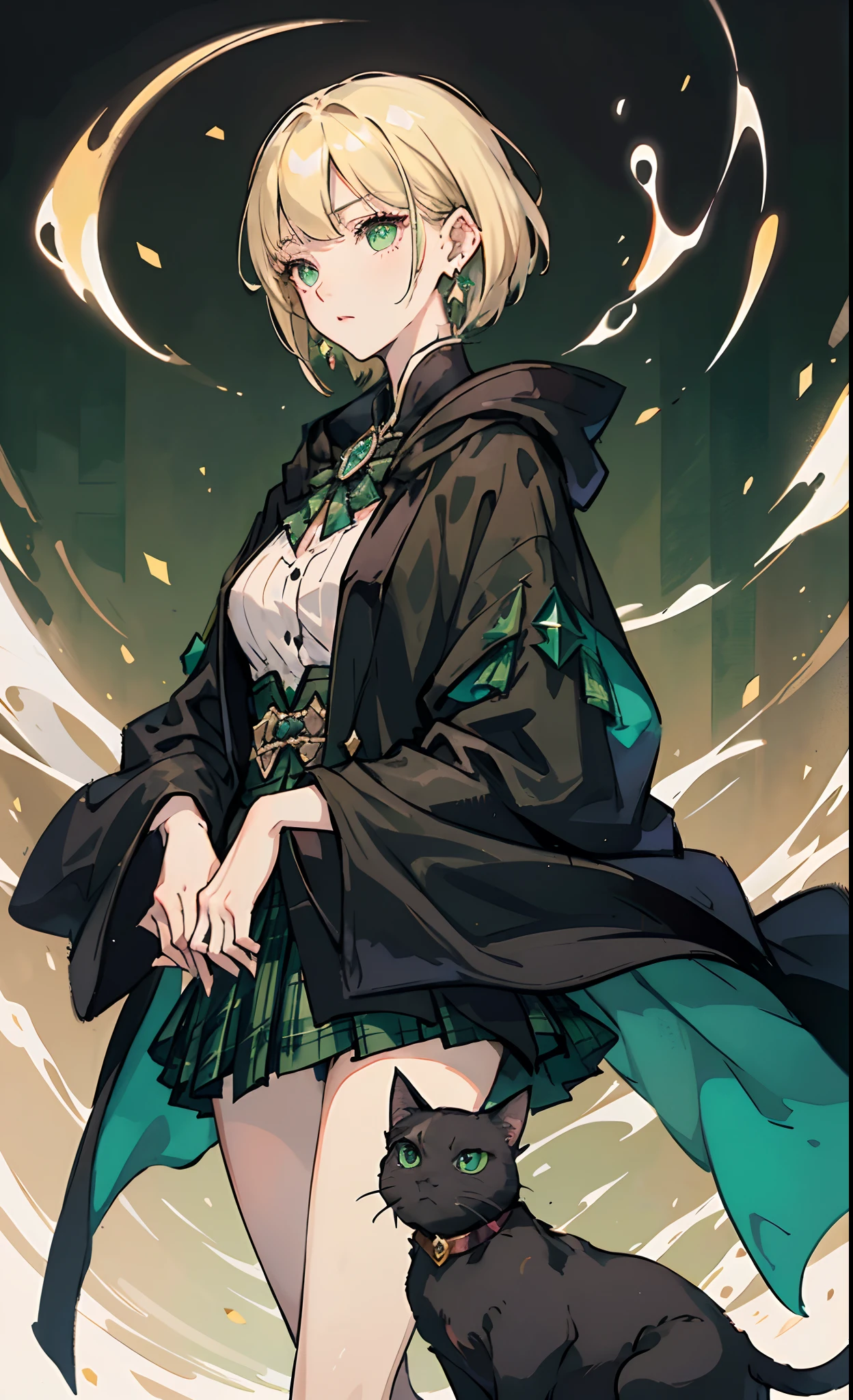 a black cloak，sorceress woman，Has short blonde hair，Deep green eyes，There are unilateral four-pointed star earrings，Wear a green plaid skirt，White clothes，There are black cats around，Will magic，it's lovely，Very handsome