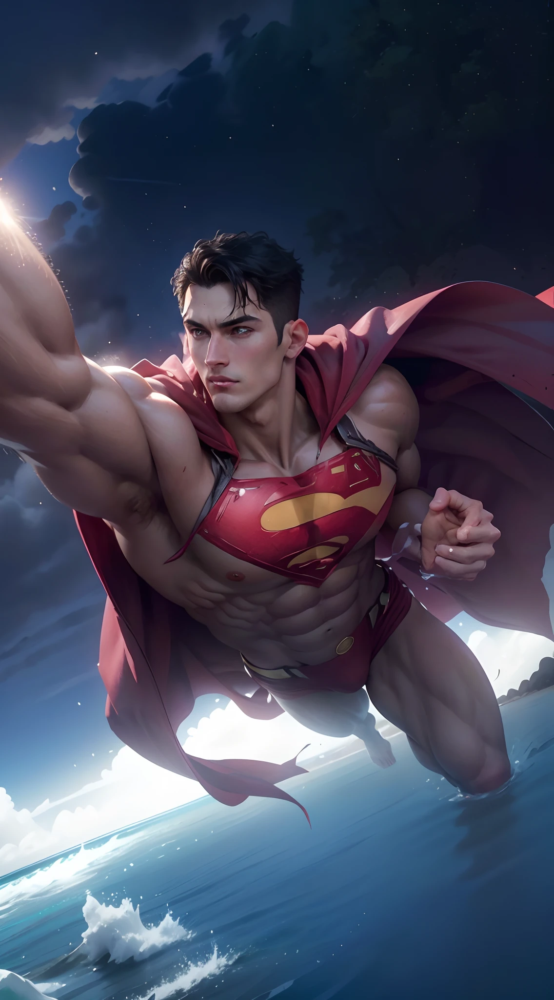 8K, Best Quality, Masterpiece, Ultra High Definition, (Realistic: 1.4), Original Image, (Realistic Skin Texture: 1.3), (Film Grain: 1.3), (Selfie Angle), 1 Guy left, (Superman), Short Hair, Black Hair, Big Beautiful Eyes and Face Detail, Masterpiece, Best Quality, Close Up, Toned Body, Perfect Muscles, Exposed Chest Muscles, Body 6 , Hairless, Shirtless, Red robe, (Red briefs), (red briefs), (Summer, Beach, Ocean water, Water, Trees, Blue sky, White clouds, Sunlight)