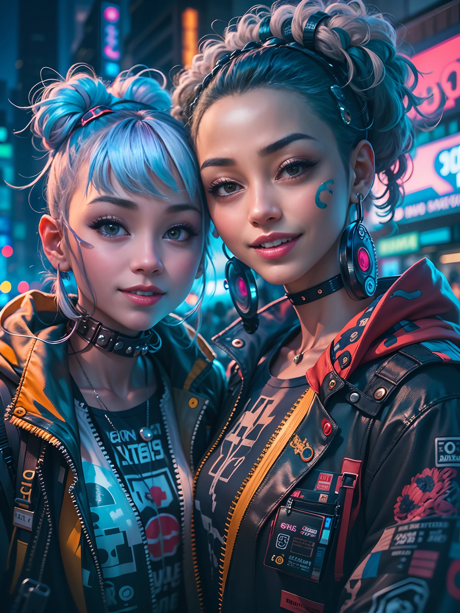 masterpiece, best quality, 2 ((smiling)) cyberpunk girls standing together taking selfie portrait, Harajuku-inspired cyberpunk clothing, bold colors and patterns, eye-catching accessories, trendy and innovative hairstyle, dazzling Cyberpunk cityscape, skyscrapers, glowing neon signs, LED lights, anime illustration, detailed skin texture, detailed cloth texture, beautiful detailed face, intricate details, ultra detailed, cinematic lighting, strong contrast.