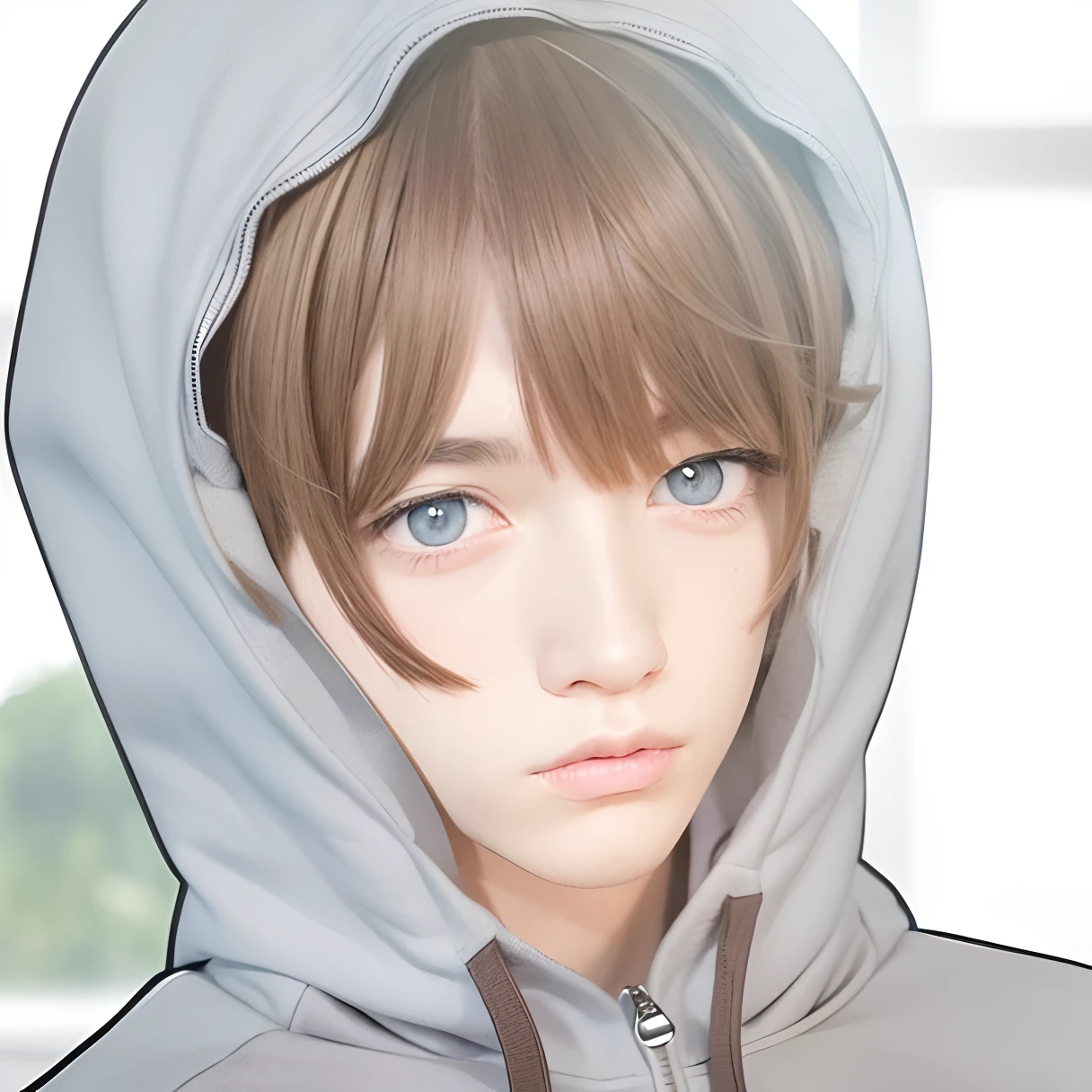 Boy, Brown hair, brown eye,white hoodie