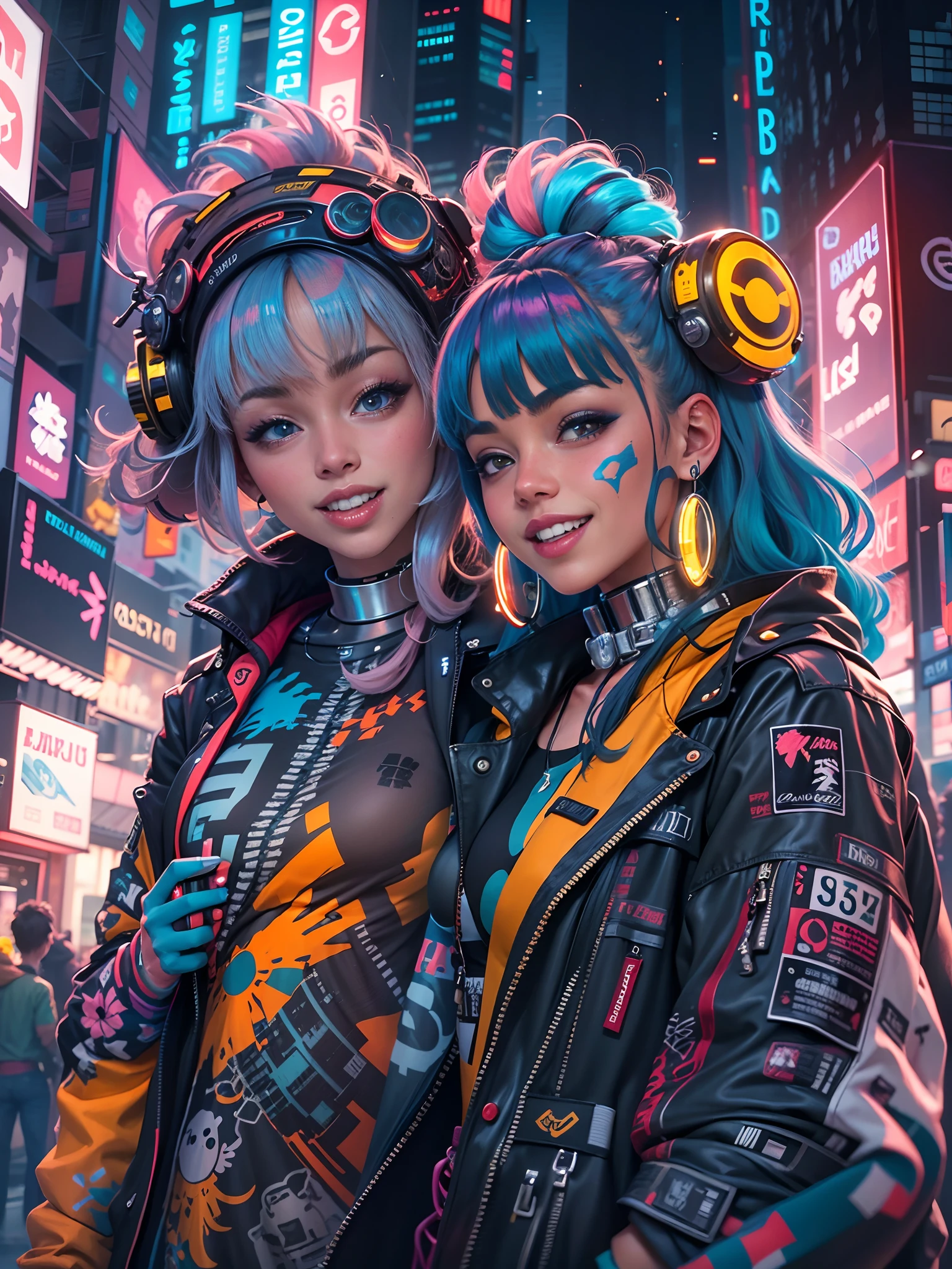 masterpiece, best quality, 2 ((smiling)) cyberpunk girls standing together taking selfie portrait, Harajuku-inspired cyberpunk clothing, bold colors and patterns, eye-catching accessories, trendy and innovative hairstyle, dazzling Cyberpunk cityscape, skyscrapers, glowing neon signs, LED lights, anime illustration, detailed skin texture, detailed cloth texture, beautiful detailed face, intricate details, ultra detailed, cinematic lighting, strong contrast.