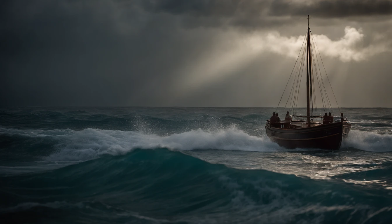 uma tempestade em alto mar com muita chuva, Streaking rays in the dark sky. nuvens escuras, ondas grandes batendo no barco, um barco da antiguidade, From the Old Testament of the Bible.
