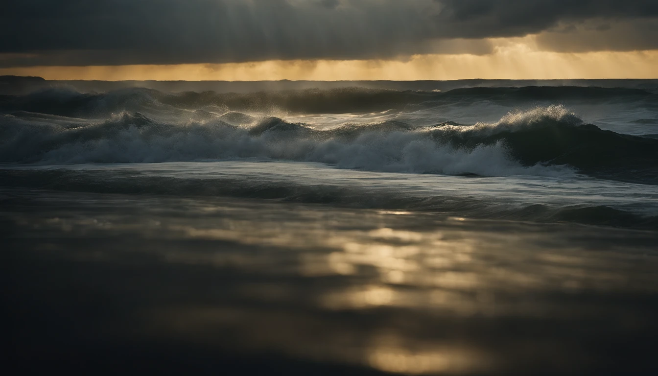 uma tempestade em alto mar com muita chuva, Streaking rays in the dark sky. nuvens escuras, ondas grandes batendo no barco, um barco da antiguidade, From the Old Testament of the Bible.