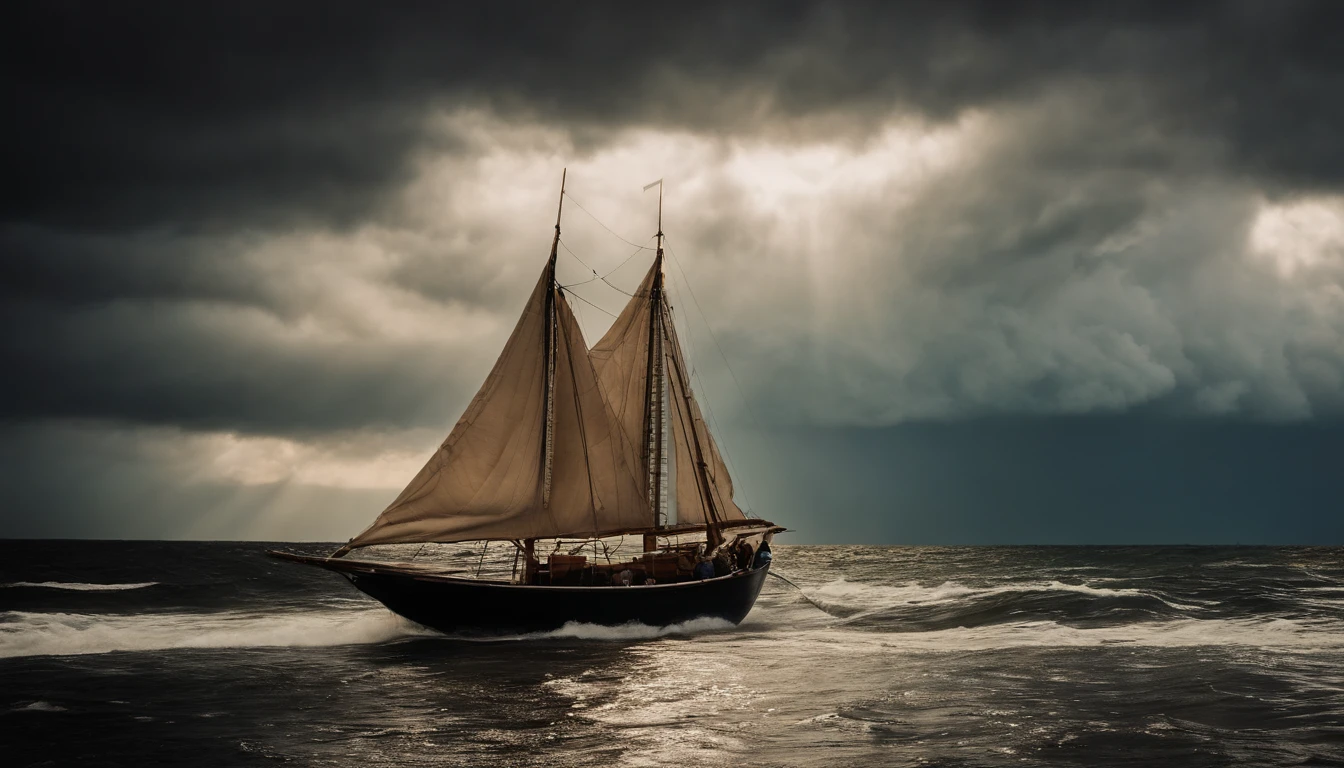 uma tempestade em alto mar com muita chuva, Streaking rays in the dark sky. nuvens escuras, ondas grandes batendo no barco, um barco da antiguidade, From the Old Testament of the Bible.