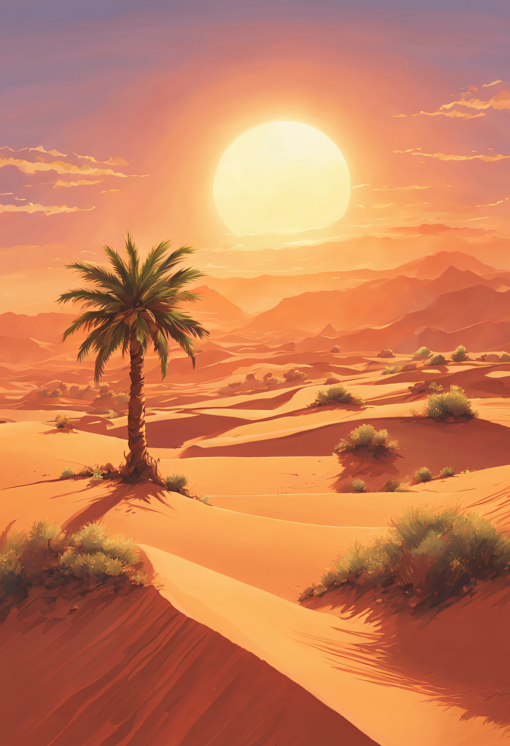 In an arid desert, the scorching sun paints the sky orange as undulating sand dunes stretch into infinity. A single lone palm tree provides shade, where Hagar and her son Ishmael seek shelter, representing the story of Genesis 16. imagem estilo anime