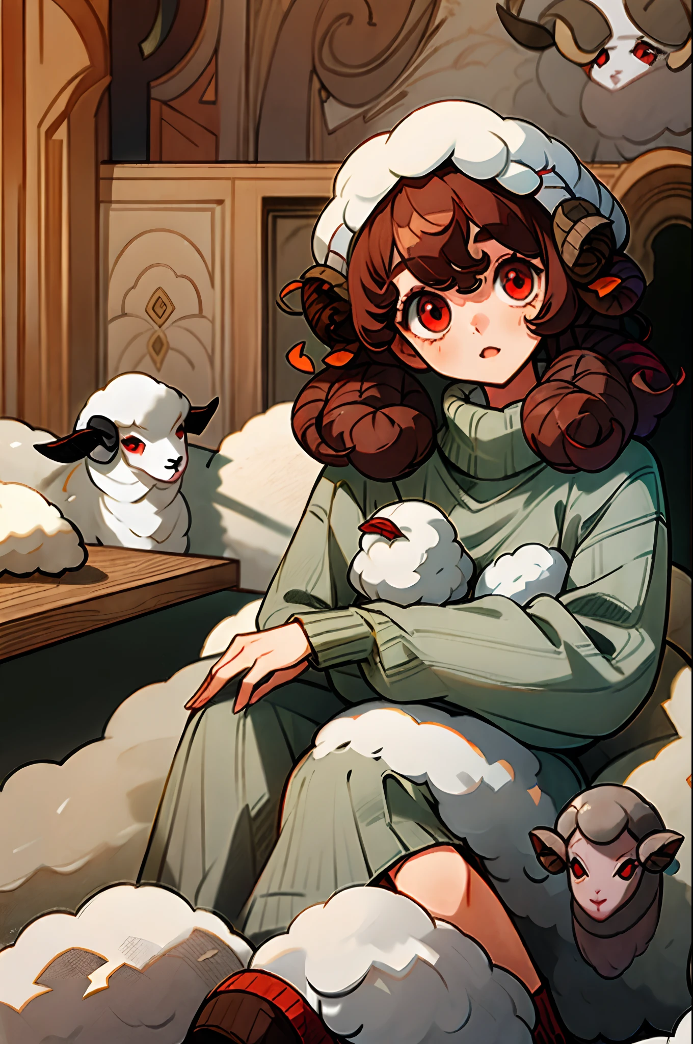 ((Girl with sheep features):1.5) ,((brown curly hair):1.2), (wearing a gray wool sweater:1.4), ((red eyes):1.3),jeans, black boot, looking at the viewer, in the (star room), dark plank floor, sitting in the (armchair/modern), arms propped up on the armchair