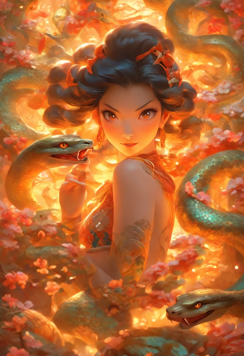 ultra-realistic image, white colors, HD image, Mythology, Snake Woman, snake body, snake tail, Chinese Woman, human, long black hair, (mermaid), (snake tail), scales, the image is clear , Chinese painting style, Shui Mo Hua, Thangka Style, aesthetics, Beautiful image, depth of field, centered on canvas