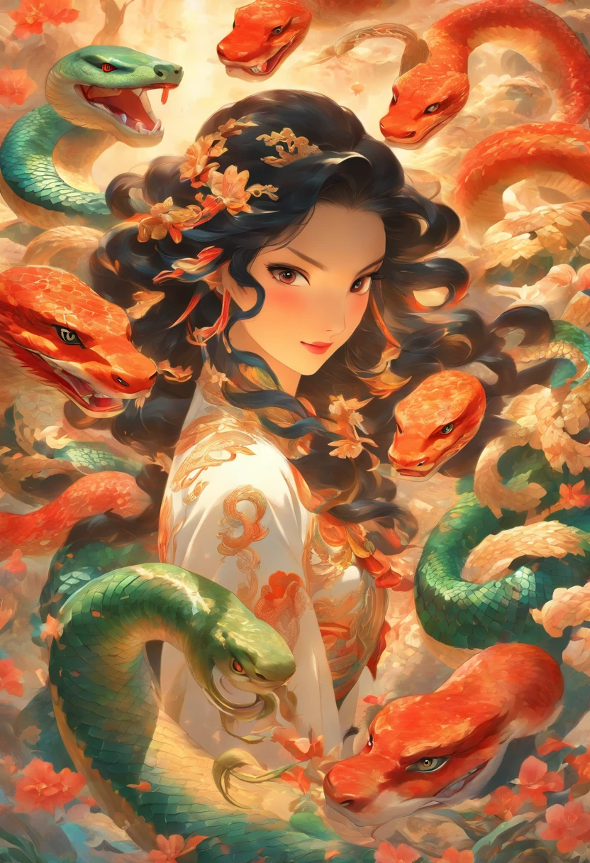 ultra-realistic image, white colors, HD image, Mythology,A Snake Woman, Chinese Woman, human, long black hair, (mermaid), (snake tail), scales texture, bright lighting, the image is sharp, meticulous details , Chinese painting style, Shui Mo Hua, Thangka Style, aesthetics, Beautiful image, depth of field, centered on canvas