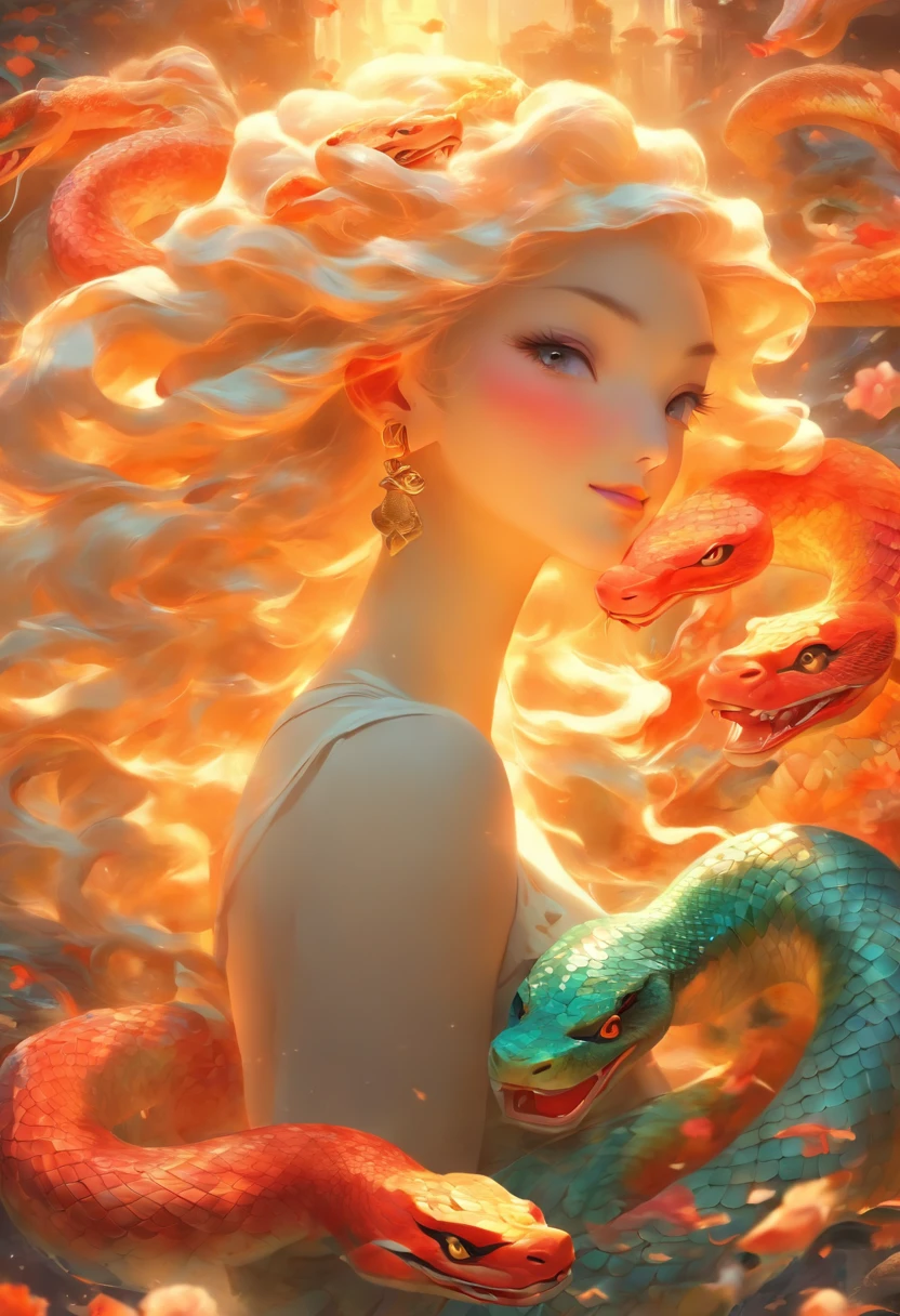 ultra-realistic image, white colors, HD image, Mythology,A Snake Woman, Chinese Woman, human, long black hair, (mermaid), (snake tail), scales texture, bright lighting, the image is sharp, meticulous details , Chinese painting style, Shui Mo Hua, Thangka Style, aesthetics, Beautiful image, depth of field, centered on canvas