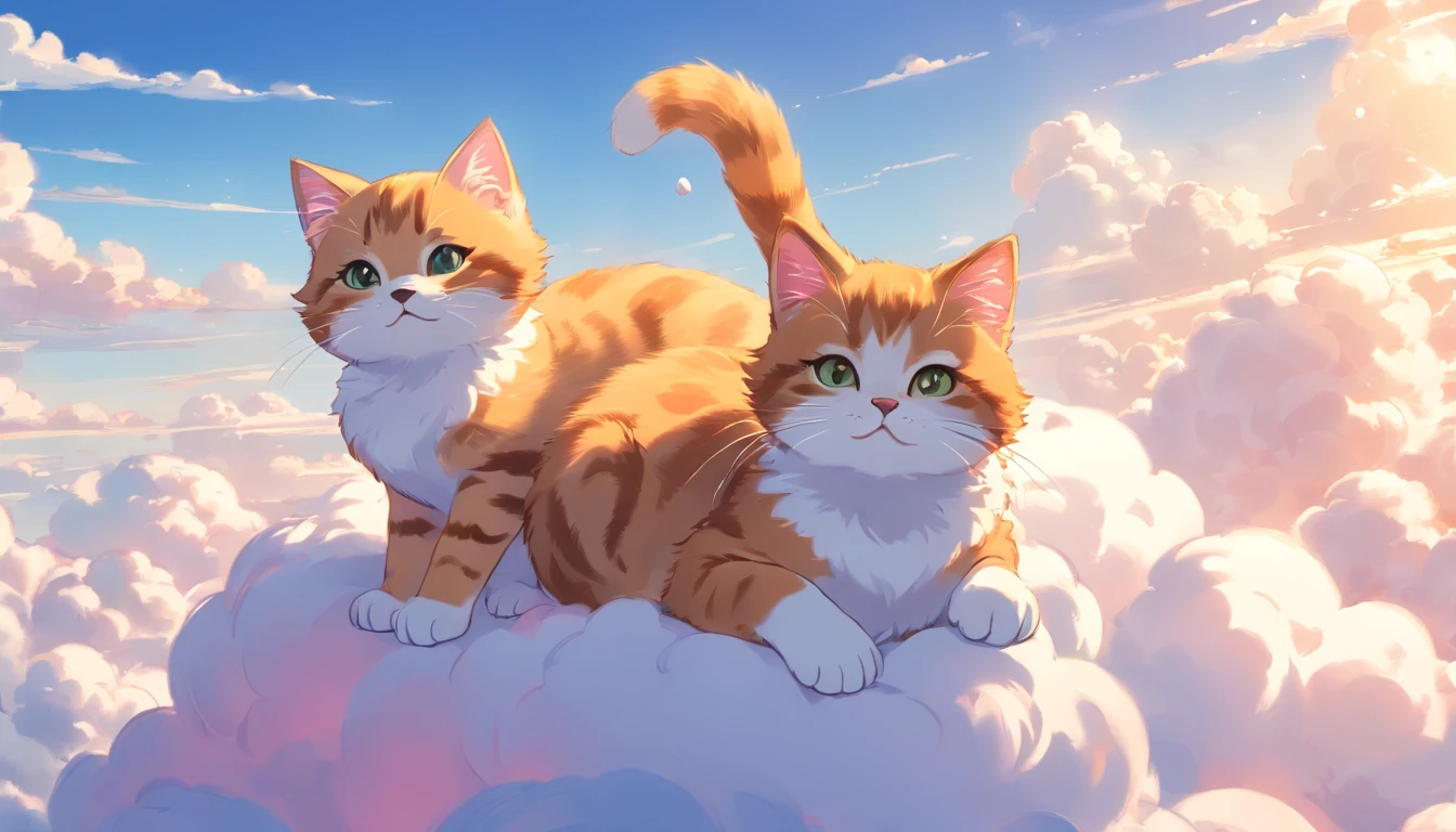 comic strip, Cute and adorable kittens lying on beautiful fluffy clouds in the sky, On thick clouds such as marshmallows,Detail enhancement,8K,super-fine,concept-art,number art