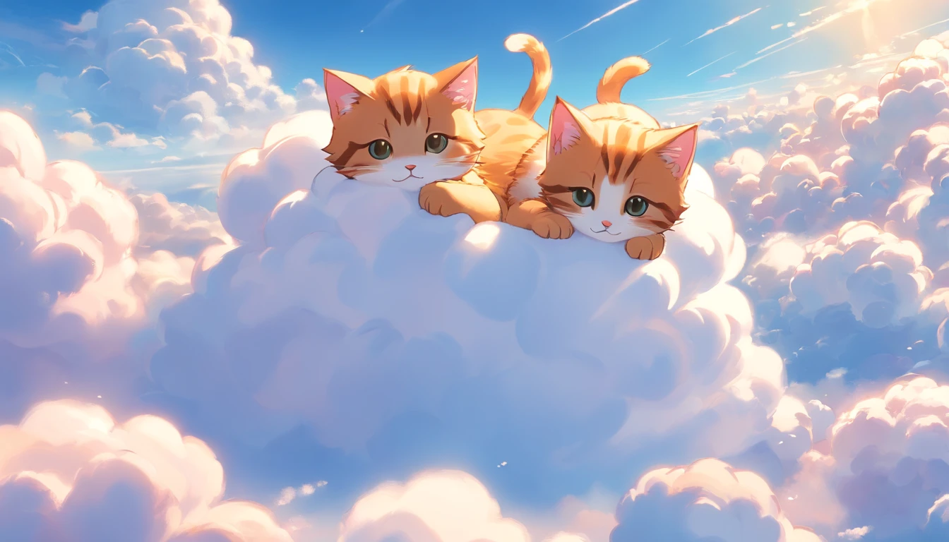comic strip, Cute and adorable kittens lying on beautiful fluffy clouds in the sky, On thick clouds such as marshmallows，Detail enhancement，8K，super-fine，concept-art，number art