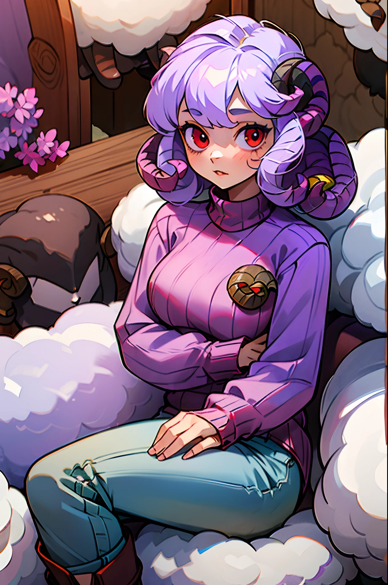 ((Girl with sheep features):1.5) ,curly hair, (wearing a lilac wool sweater:1.4), ((red eyes):1.3),jeans, black boot, looking at the viewer, in the (star room) , dark plank chao ,sitting in the (armchair/modern), arms propped up on the armchair