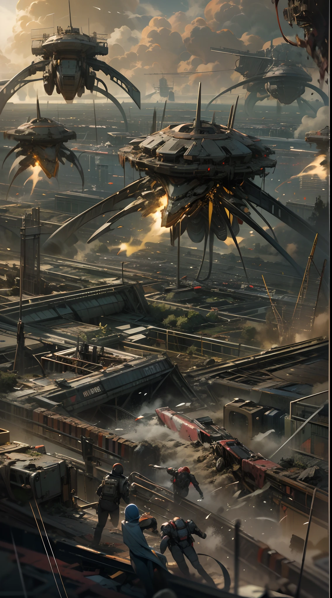 War of the Worlds,Countless fighters,Cockpit perspective,planetes,in fighting,close battle,Crisis,Nervousness,explosions,tragedy,droid,Masterpiece,high-detail,perfect-composition,the golden ratio, "Creepy and intense alien invasion scene with dark atmosphere, dramatic lighting, and intense action. Show powerful extraterrestrial creatures, advanced technology, destroyed cityscape, panicked civilians, and a sense of imminent danger. Generate an unsettling and immersive image that captures the chaos and terror of an otherworldly invasion. a group of humans wearing futuristic suits are fighting with laser guns, bloody war, The scene is extremely complex, extremely impressive with intricate details, extremely smooth displayed textures. Bright, sharp light" masterpiece, best quality, intricate detail, complex scenery, thrilling, dramatic action, 8k, hdr