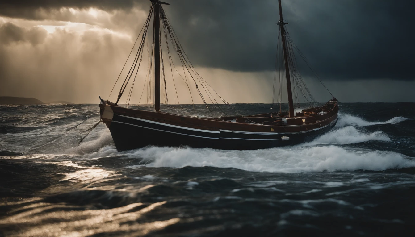 A strong storm in something sea with lots of lightning and thunder, chuva forte, ondas enormes de tempestade com muito vento, A boat from the time of the Old Testament of the Bible sailing with difficulty.