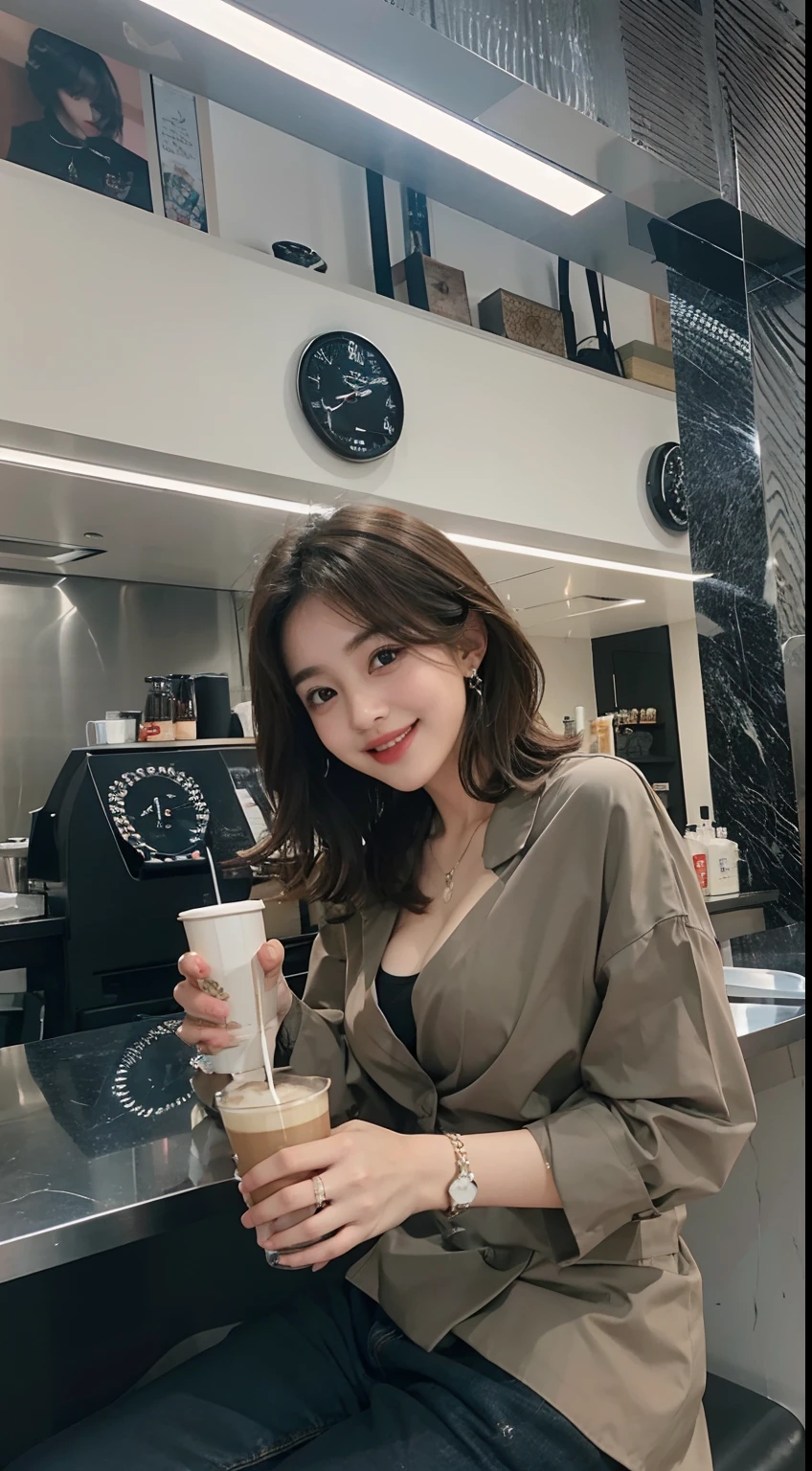 a woman sitting at a counter with a drink in her hand, ulzzang, dilraba dilmurat, with short hair, sakimichan, she is smiling and happy, she is smiling, slight cute smile, a cute young woman, attractive girl, young and cute girl, lovely smile, with brown hair, drinking a coffee, drinking coffee, Best picture quality, masterpiece, ultra high resolution, 8k, cleavage, big boobs, bust detail, hair detail, eye detail, sharp eyes, thin smile, professional lighting