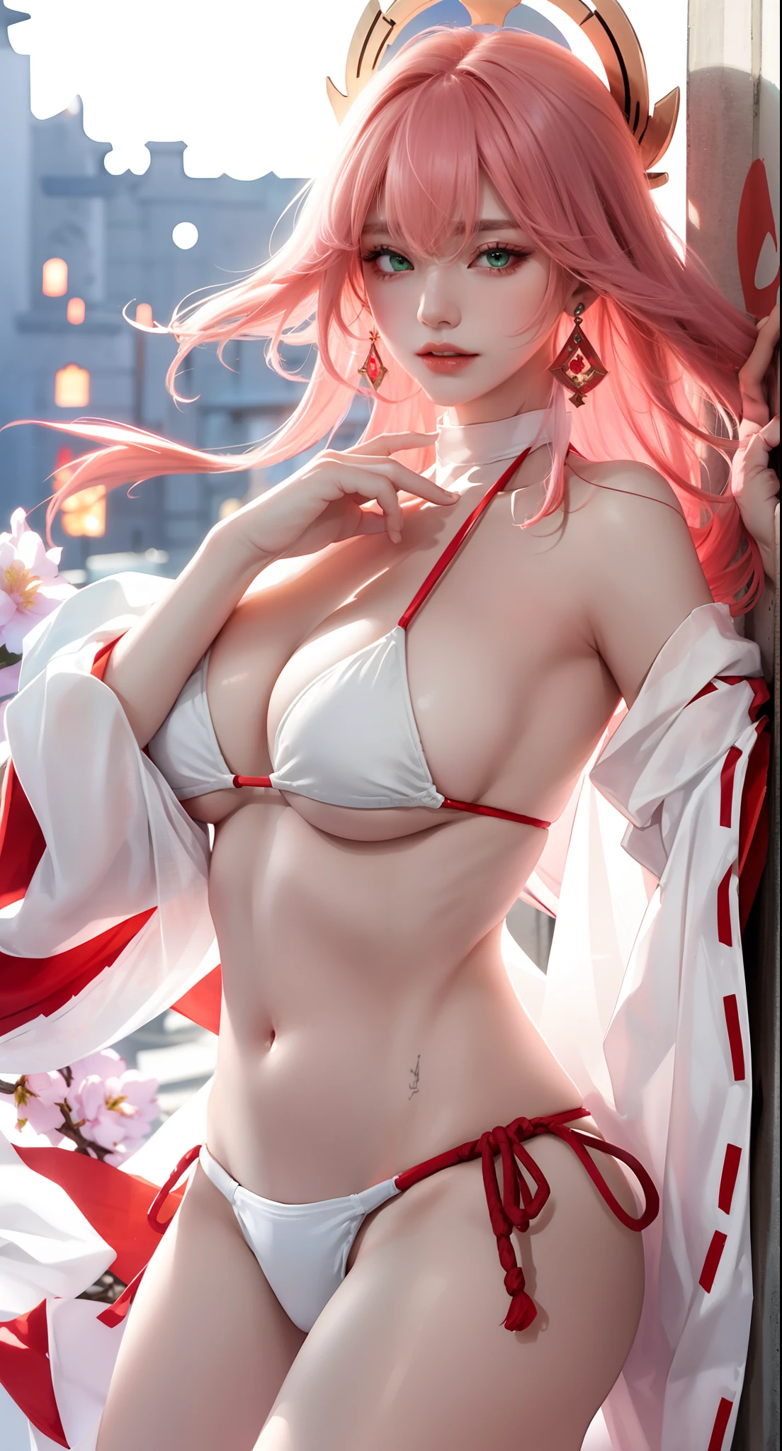 ((autumn background))), ((Japan castle background)))), (white bikini:1.5), (((luminous background))), (Masterpiece, Excellent, 1girl, solo, complex details, color difference), realism, ((medium breath)), off-the-shoulders, big breasts, sexy, Yae Miko, long pink hair, red headdress, red highlight, hair above one eye, green eyes, earrings, sharp eyes, perfectly symmetrical figure, choker, neon shirt, open jacket, turtleneck sweater, graffiti, dim lighting, alley, looking at the audience, ((mean, seductive, charming)), (dynamic pose), tulle, bare shoulders, blooming flower fields, radiant skin, faint smile, sexy, bust, no breast cover, naked, cocked ass, tummy look