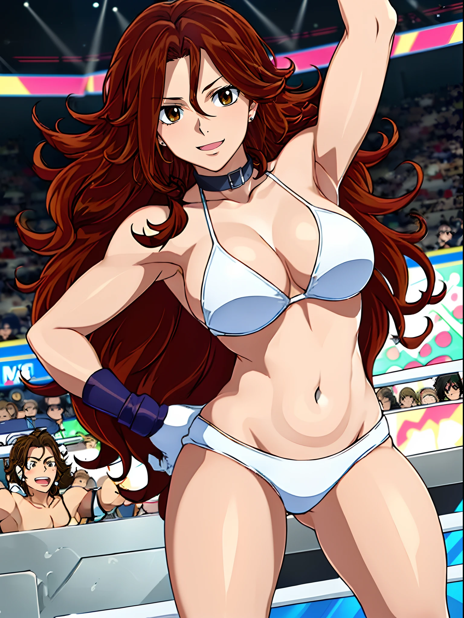 punching, Elegant lady, body view, anime style: 1.8, anime drawing, ultra detailed face, ultra detailed body, 4k, Sumergai Lee Noriega, (standing), best quality, anime style, hires, highest definition, digital blending, bold drawing lines, ((wwe diva), (location: wrestling arena, crowds watching), ( slim body, little biceps, thighs, off-shoulders, (curvy: 2.8)), ((white bikini, shorts, groin, white gloves, collar, elbow pad)), victorious, winner, gentle, (pale skin, shiny skin, very big breasts, smile), (big eyes, brown eyes), (clapping), (brown hair, loose hair, curly hair, wavy hair, long hair, missy hair), 27 years old,