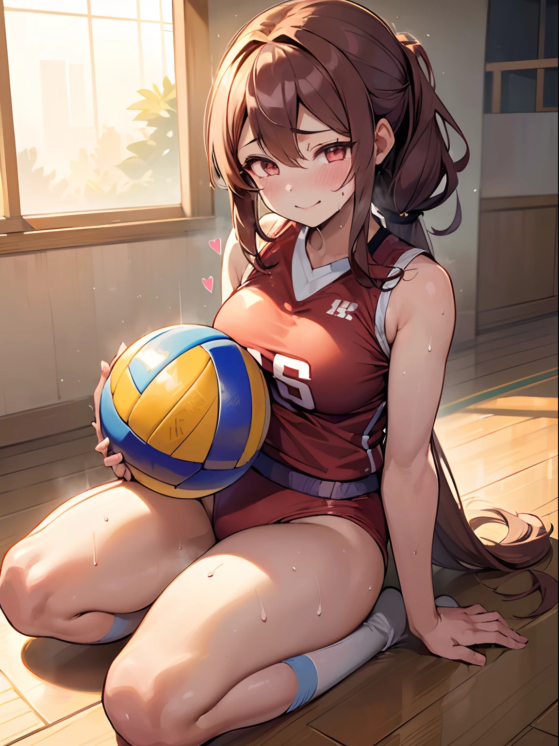 (((masterpiece))), (((best quality))), (((ultra detailed))), (((high-resolution))), ((super fine illustration)), ((Ultimate cutie)), detailed beautiful face, shiny hair, (gyaru), (medium breasts), (((solo))), ((drunken eyes)), ((seductive smile)), ((embarrassed expression)), (((blush))), half open mouth, ((female volleyball player)), BREAK, (((sit astride the Beautiful spherical shape 6-inch volleyball))), (((straddling on the Beautiful spherical shape 6-inch volleyball))), (((crotch on the Beautiful spherical shape 6-inch volleyball))), (((Rub the Beautiful spherical shape 6-inch ball against crotch)))), BREAK, (((buruma))), (Volleyball Uniform), (sleeveless volleyball uniform), ((love juice stain)), cameltoe, (bare Hands), ((sweat)), ((covered in sweat)), (breath), in Volleyball Court, in gymnasium, lighting, looking at viewer, full body, (spoken heart)