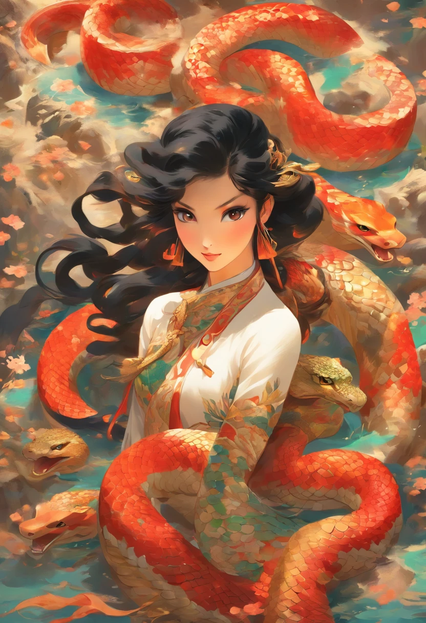 ultra-realistic image, white colors, HD image, Mythology, Snake Woman, snake body, snake tail, Chinese Woman, human, long black hair, (mermaid), (snake tail), scales, the image is clear , Chinese painting style, Shui Mo Hua, Thangka Style, aesthetics, Beautiful image, depth of field, centered on canvas