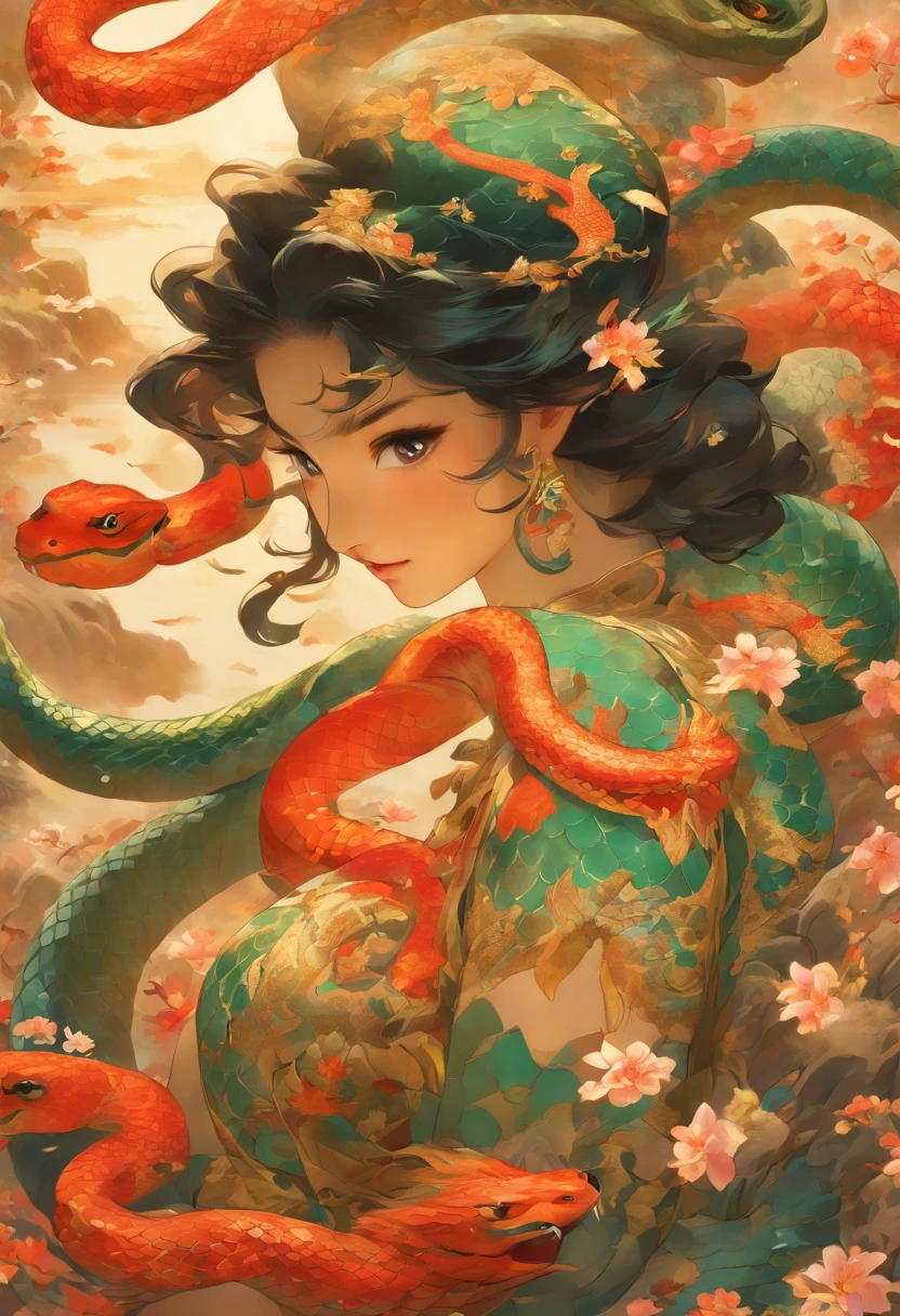 ultra-realistic image, white colors, HD image, Mythology, Snake Woman, snake body, snake tail, Chinese Woman, human, long black hair, (mermaid), (snake tail), scales, the image is clear , Chinese painting style, Shui Mo Hua, Thangka Style, aesthetics, Beautiful image, depth of field, centered on canvas