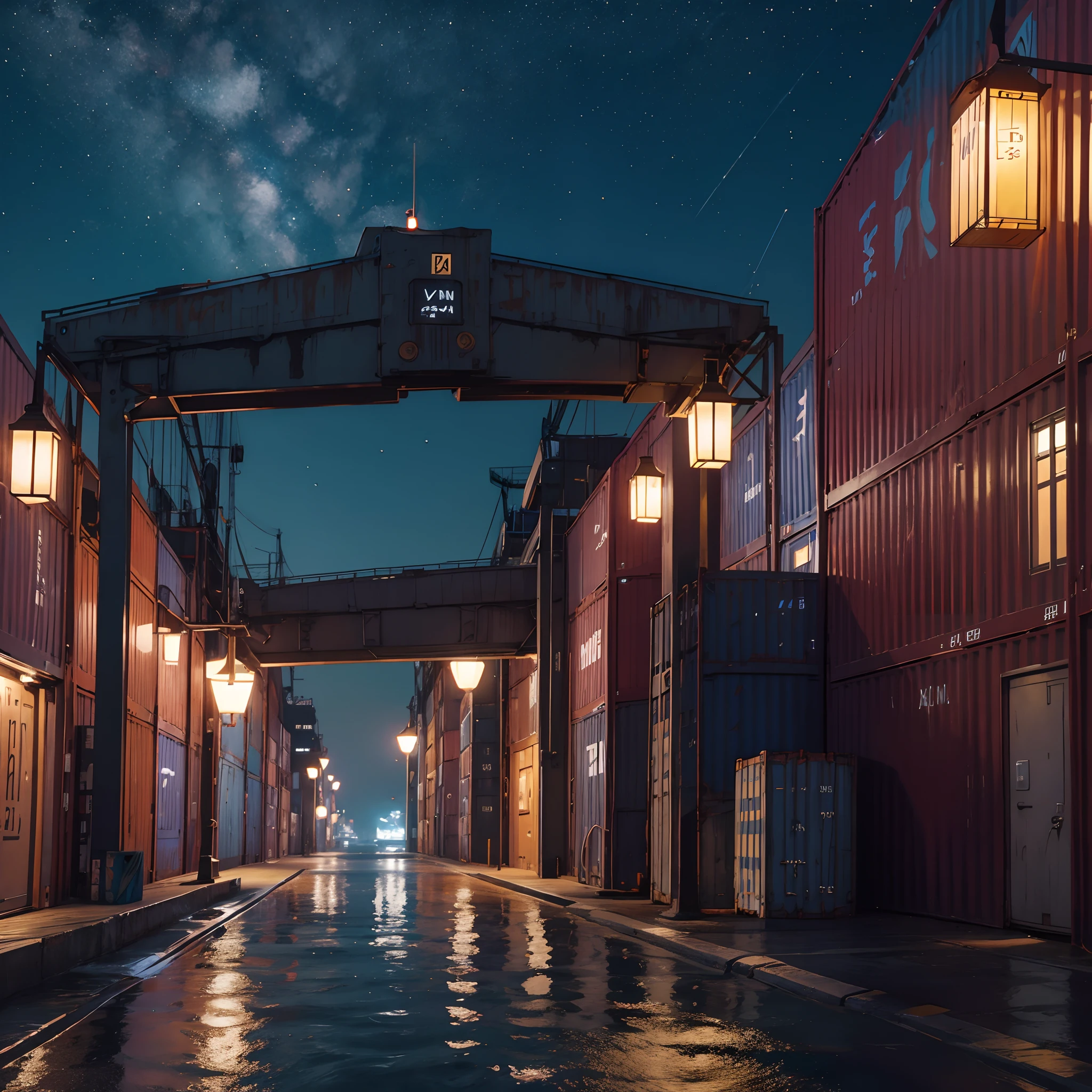 Background contains a port area with some containers in night time