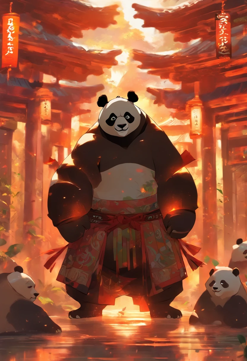 panda, guerreiro, Standing, sozinho, serio, Num templo, Sumo Pose, Estilo deslumbrante