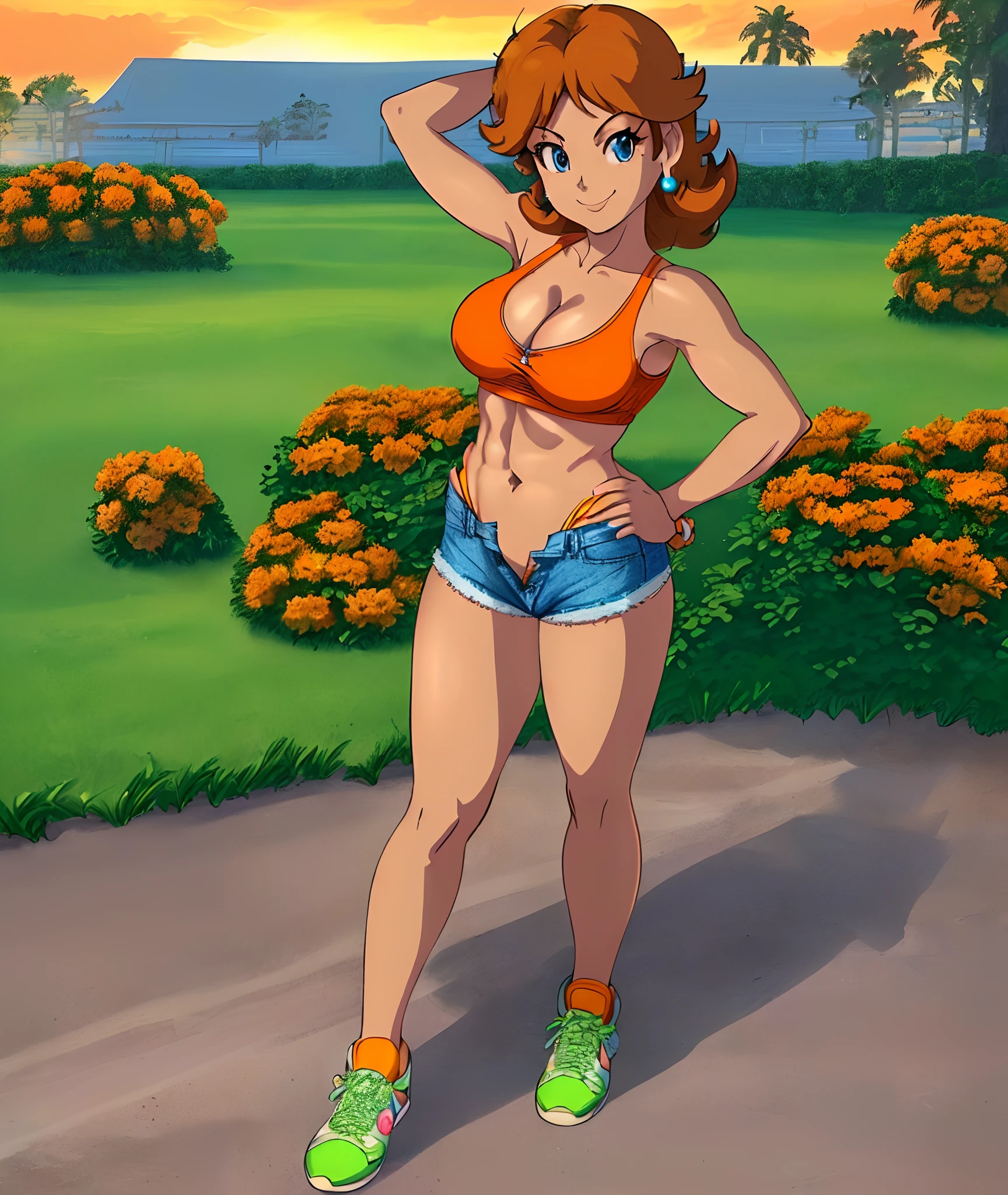 [daisy_sm], [Princess_Daisy], ((masterpiece)), ((HD)), ((High Quality)), ((solo portrait)), ((front view)), ((shoes visible)), ((anime)), ((beautiful render art)), ((cel shading)), ((detailed shading)), ((intricate details)), {(beautiful woman), (tanned skin, cute blue eyes, short brown hair, (small boobs), (cleavage), (happy smile), (short eye lashes), (mouth open), (beautiful abs), (defined arm muscles), (defined leg muscles), (gorgeous hips)}, {(orange tank top), (cleavage), (green unzipped denim shorts), (fly open), (orange sneakers)}, {(standing), (looking at viewer), (hands on hips)}, [Background; (park), (grass plans), (orange sky), (bright sun)]