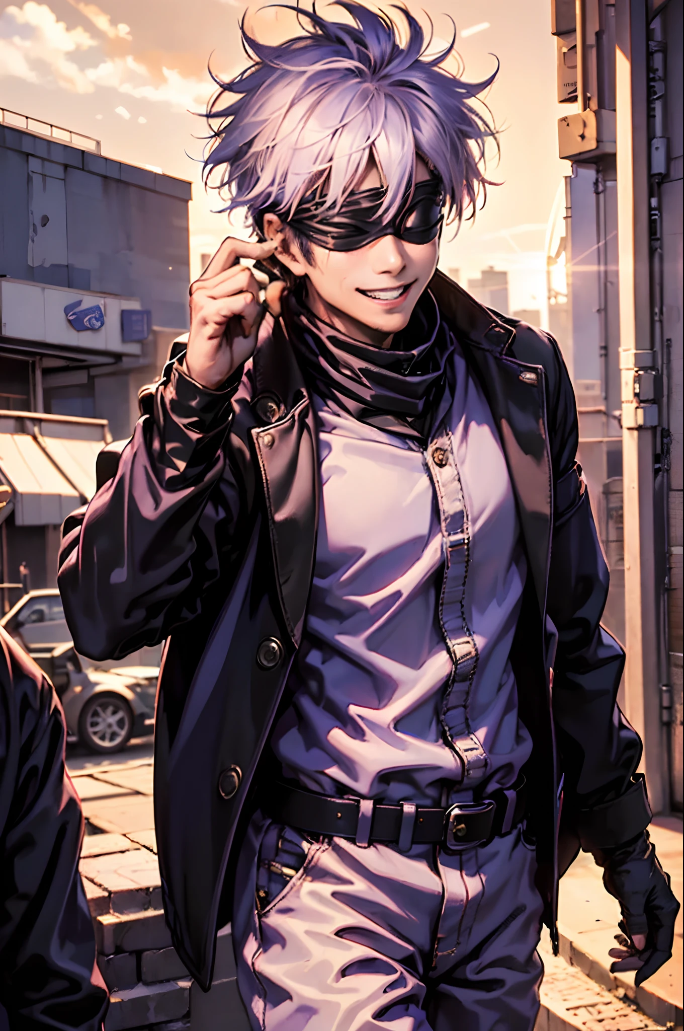 (masterpiece, best quality:1.2), gojo satoru, action pose,dust particle effect, sunflares, purple power, movie composition, bokeh, depth of field, blindfold, smiling, cowboy shot, solo, male focus, 1boy, gojo satoru, expresionless, looking at viewer, black jacket rich on details