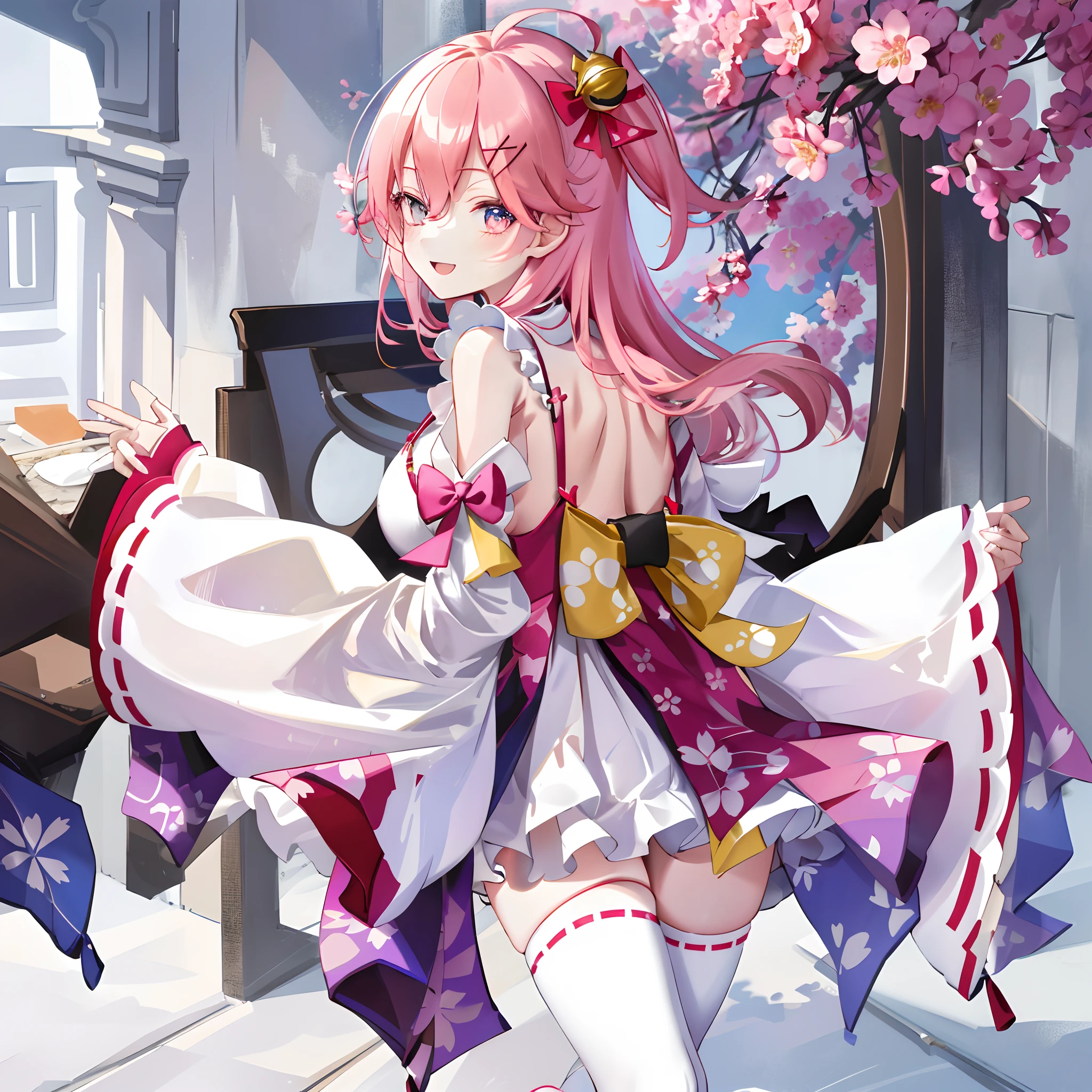 masterpiece, best quality, highres, miko1, sakura_miko, 1girl, large_breasts, solo, ahoge, x_hair_ornament, pink_hair, floral print, hairclip,(side_less_clothes:1.3), (sideboobs:1.5), hair_bell, floral print, long_hair, hair between eyes, one side up, white thighhighs, asymmetrical legwear, wide sleeves, open_mouth,happy,close_eyes, smile,rising_leg,plump,apart_legs,(overly_long_sleeves:1.3),(beautiful_fingers),sleeves_past_wrists,hands_hidden_sleeves,sidelock_clothes,dynamic_posing,