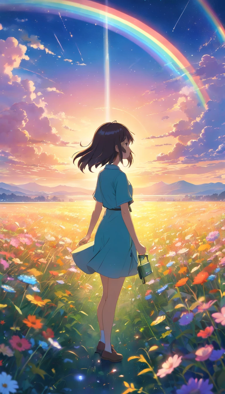 Vast landscape photo, (look from down, The sky is above,Empty fields below), A girl standing on a flower field looking up, (Take the keys: 1.2), (meteors: 0.9), (Starcloud: 1.3), Far Mountain, Árvores BREAK Crafting Art, (warm lights: 1.2), (vagus: 1.2), lamp lights, Very purple and orange, intricately details, Volumetriclighting, BREAK Realism (tmasterpiece: 1.2), (best qualityer), 4K, ultra - detailed, (Dynamic synthesis: 1.4), Very detailed and colorful details, (Rainbow colors: 1.2), (Bright lighting, Atmospheric illumination), visionary, magia, (Solo: 1.2)