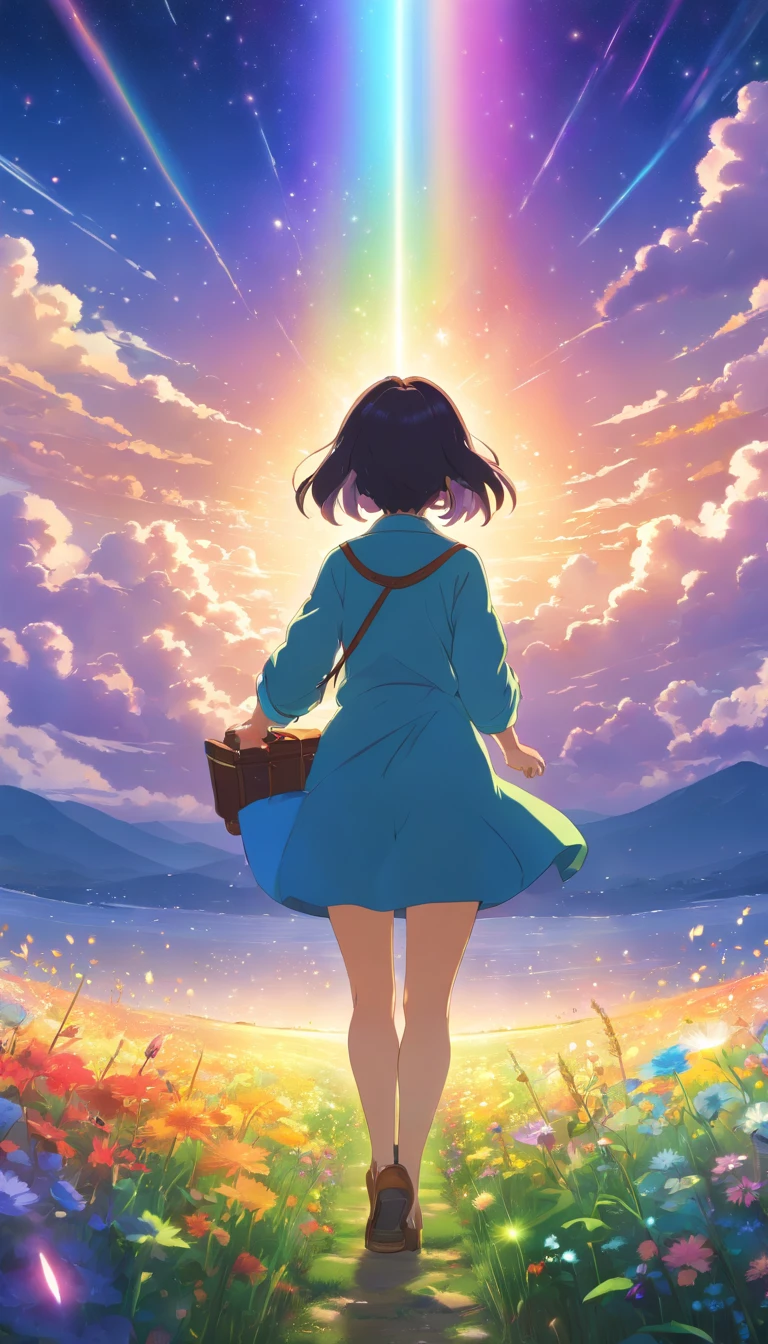 Vast landscape photo, (look from down, The sky is above,Empty fields below), A girl standing on a flower field looking up, (Take the keys: 1.2), (meteors: 0.9), (Starcloud: 1.3), Far Mountain, Árvores BREAK Crafting Art, (warm lights: 1.2), (vagus: 1.2), lamp lights, Very purple and orange, intricately details, Volumetriclighting, BREAK Realism (tmasterpiece: 1.2), (best qualityer), 4K, ultra - detailed, (Dynamic synthesis: 1.4), Very detailed and colorful details, (Rainbow colors: 1.2), (Bright lighting, Atmospheric illumination), visionary, magia, (Solo: 1.2)