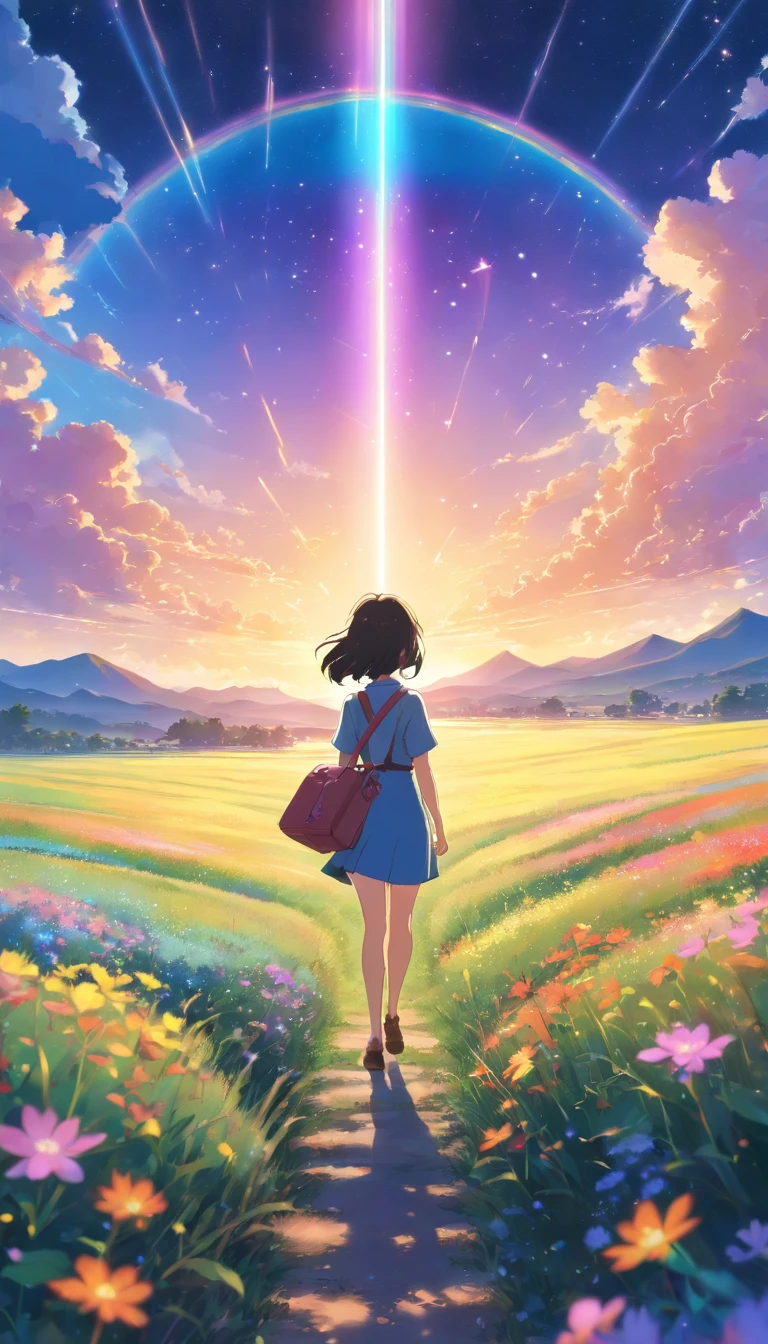 Vast landscape photo, (look from down, The sky is above,Empty fields below), A girl standing on a flower field looking up, (Take the keys: 1.2), (meteors: 0.9), (Starcloud: 1.3), Far Mountain, Árvores BREAK Crafting Art, (warm lights: 1.2), (vagus: 1.2), lamp lights, Very purple and orange, intricately details, Volumetriclighting, BREAK Realism (tmasterpiece: 1.2), (best qualityer), 4K, ultra - detailed, (Dynamic synthesis: 1.4), Very detailed and colorful details, (Rainbow colors: 1.2), (Bright lighting, Atmospheric illumination), visionary, magia, (Solo: 1.2)