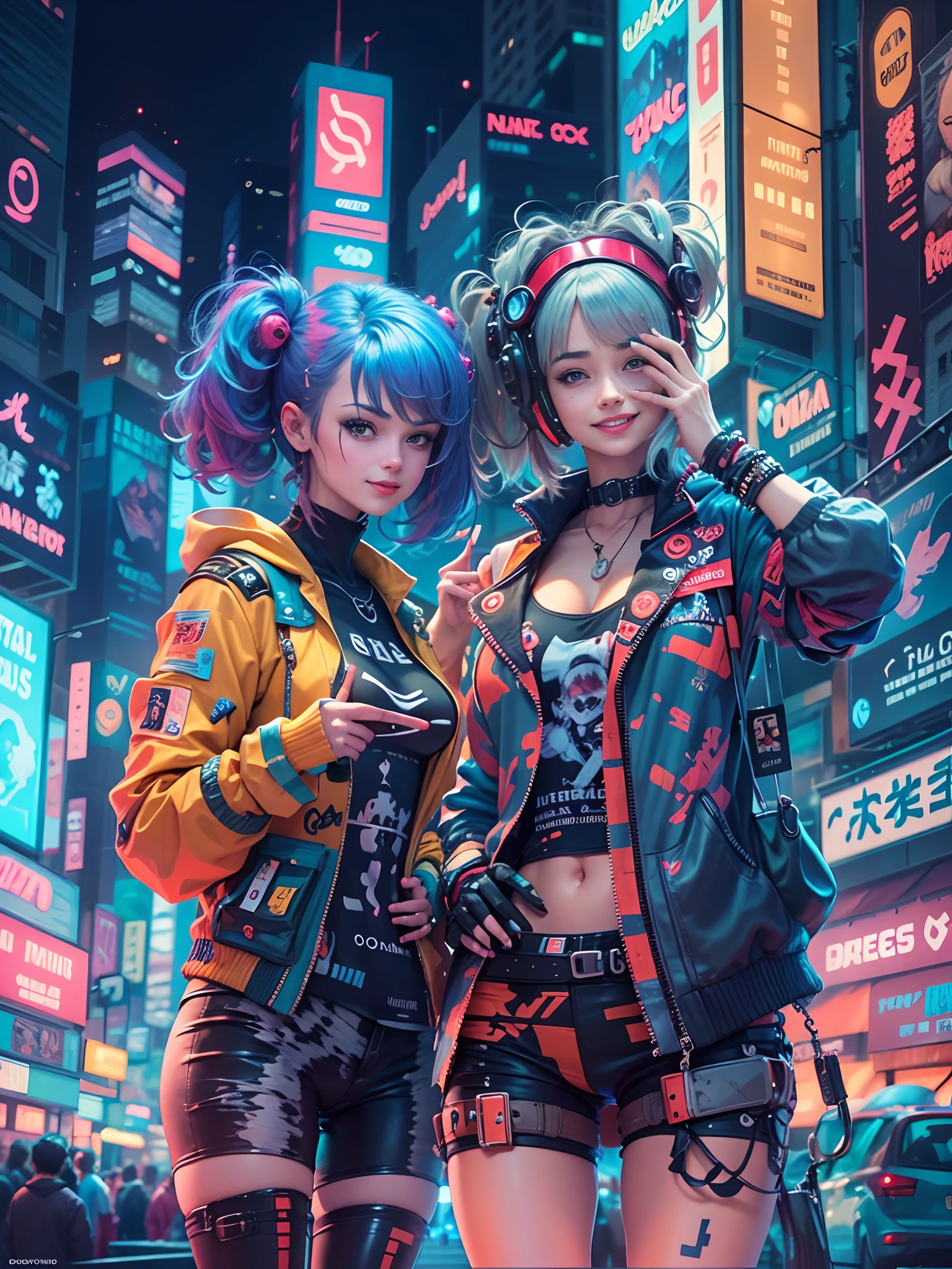 masterpiece, best quality, 2 ((smiling)) cyberpunk girls standing together taking selfie portrait, Harajuku-inspired cyberpunk clothing, bold colors and patterns, eye-catching accessories, trendy and innovative hairstyle, dazzling Cyberpunk cityscape, skyscrapers, glowing neon signs, LED lights, anime illustration, detailed skin texture, detailed cloth texture, beautiful detailed face, intricate details, ultra detailed, cinematic lighting, strong contrast.