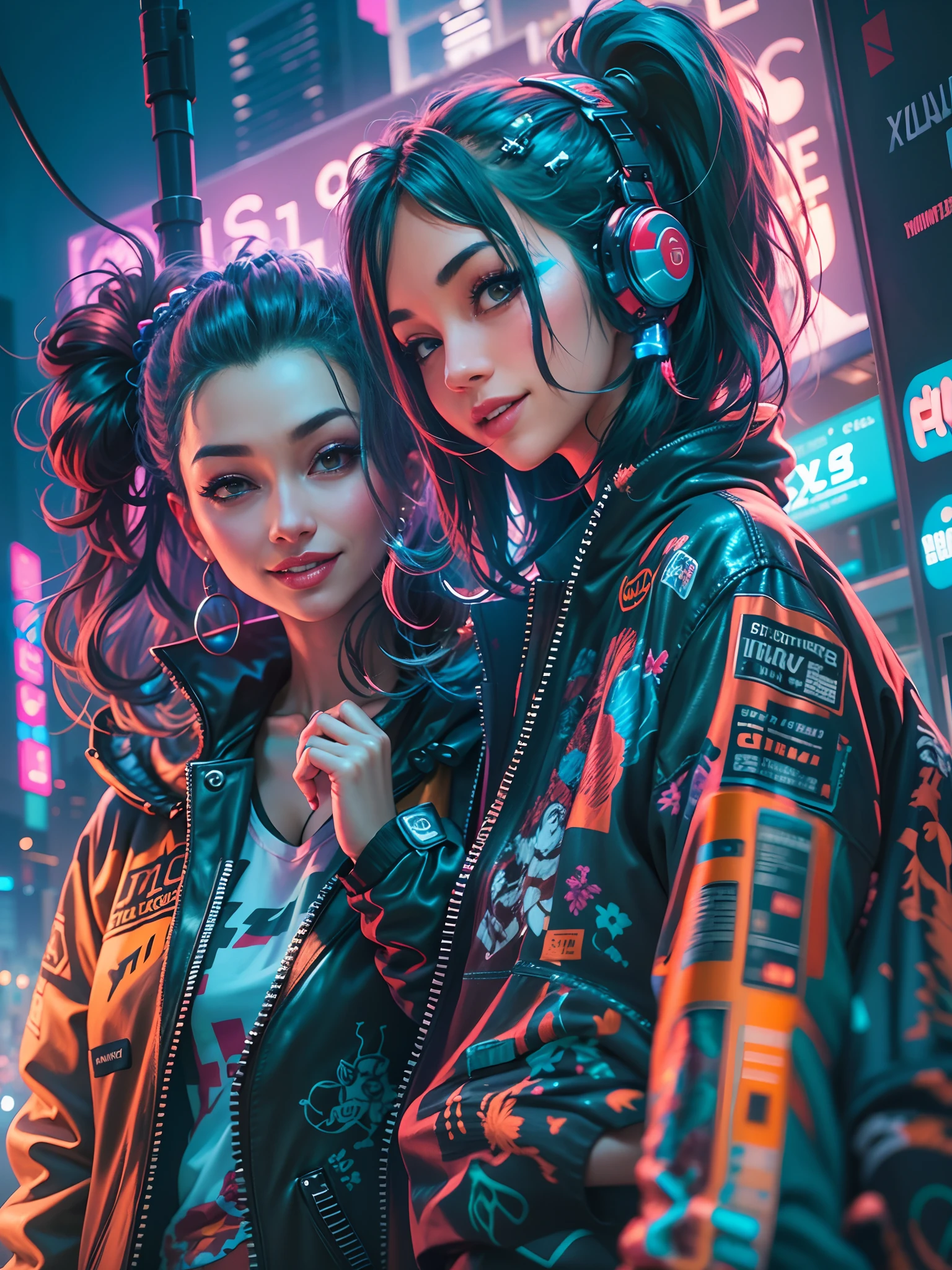 masterpiece, best quality, 2 ((smiling)) cyberpunk girls standing together taking selfie portrait, Harajuku-inspired cyberpunk clothing, bold colors and patterns, eye-catching accessories, trendy and innovative hairstyle, dazzling Cyberpunk cityscape, skyscrapers, glowing neon signs, LED lights, anime illustration, detailed skin texture, detailed cloth texture, beautiful detailed face, intricate details, ultra detailed, cinematic lighting, strong contrast.