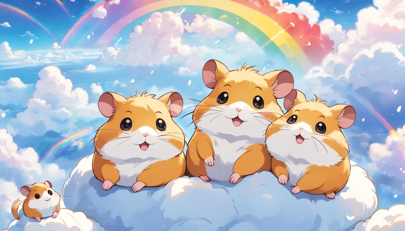comic strip, Cute and adorable hamsters lying on beautiful fluffy clouds in the sky, On thick clouds such as marshmallows, surrounded by rainbows, Detail enhancement,8K,super-fine,concept-art,number art
