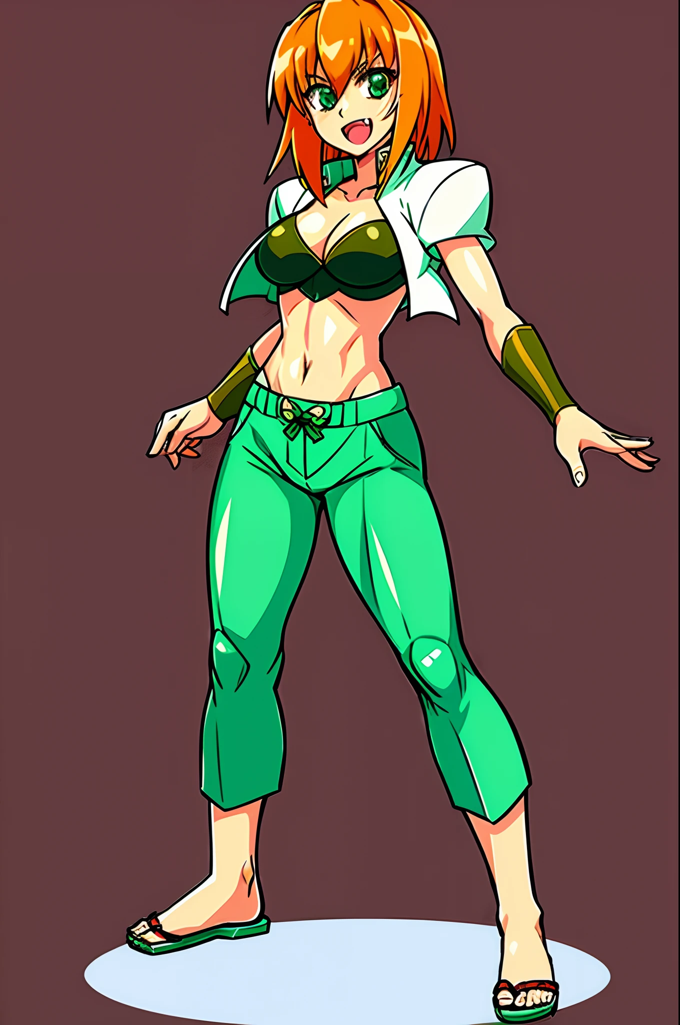 excel, orange hair, smile, fang, open mouth, green eyes,standing, medium breast, pants, pullover, , full body, flipflops, sentai villain costume