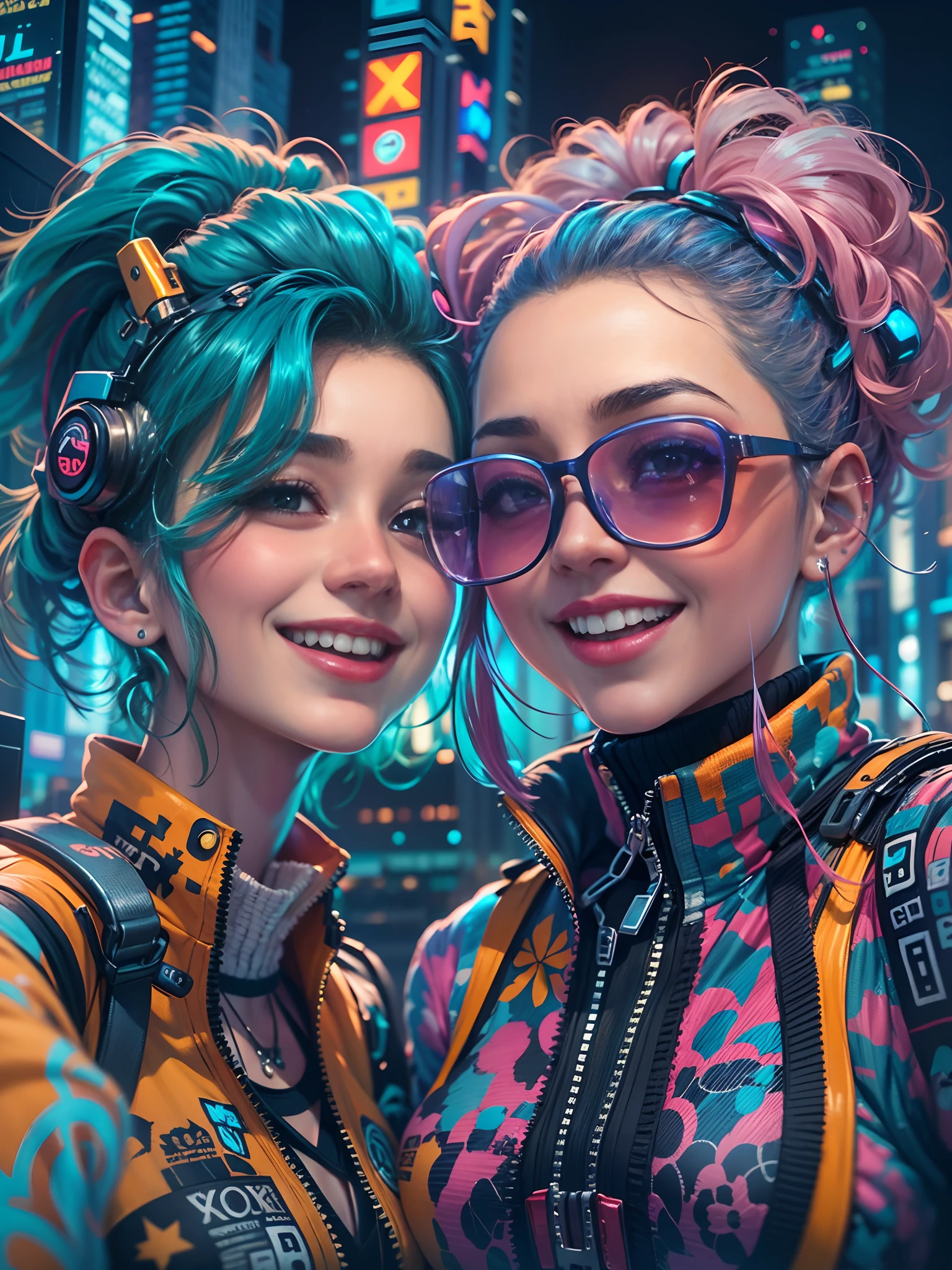 masterpiece, best quality, 2 ((smiling)) cyberpunk girls standing together taking selfie portrait, Harajuku-inspired cyberpunk clothing, bold colors and patterns, eye-catching accessories, trendy and innovative hairstyle, dazzling Cyberpunk cityscape, skyscrapers, glowing neon signs, LED lights, anime illustration, detailed skin texture, detailed cloth texture, beautiful detailed face, intricate details, ultra detailed, cinematic lighting, strong contrast.