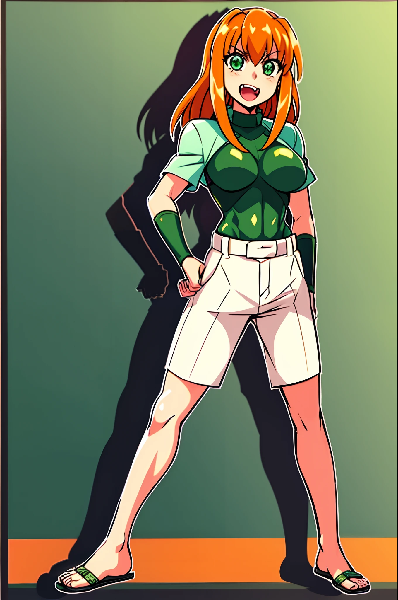 excel, orange hair, smile, fang, open mouth, green eyes,standing, medium breast, pants, pullover, , full body, flipflops, sentai villain