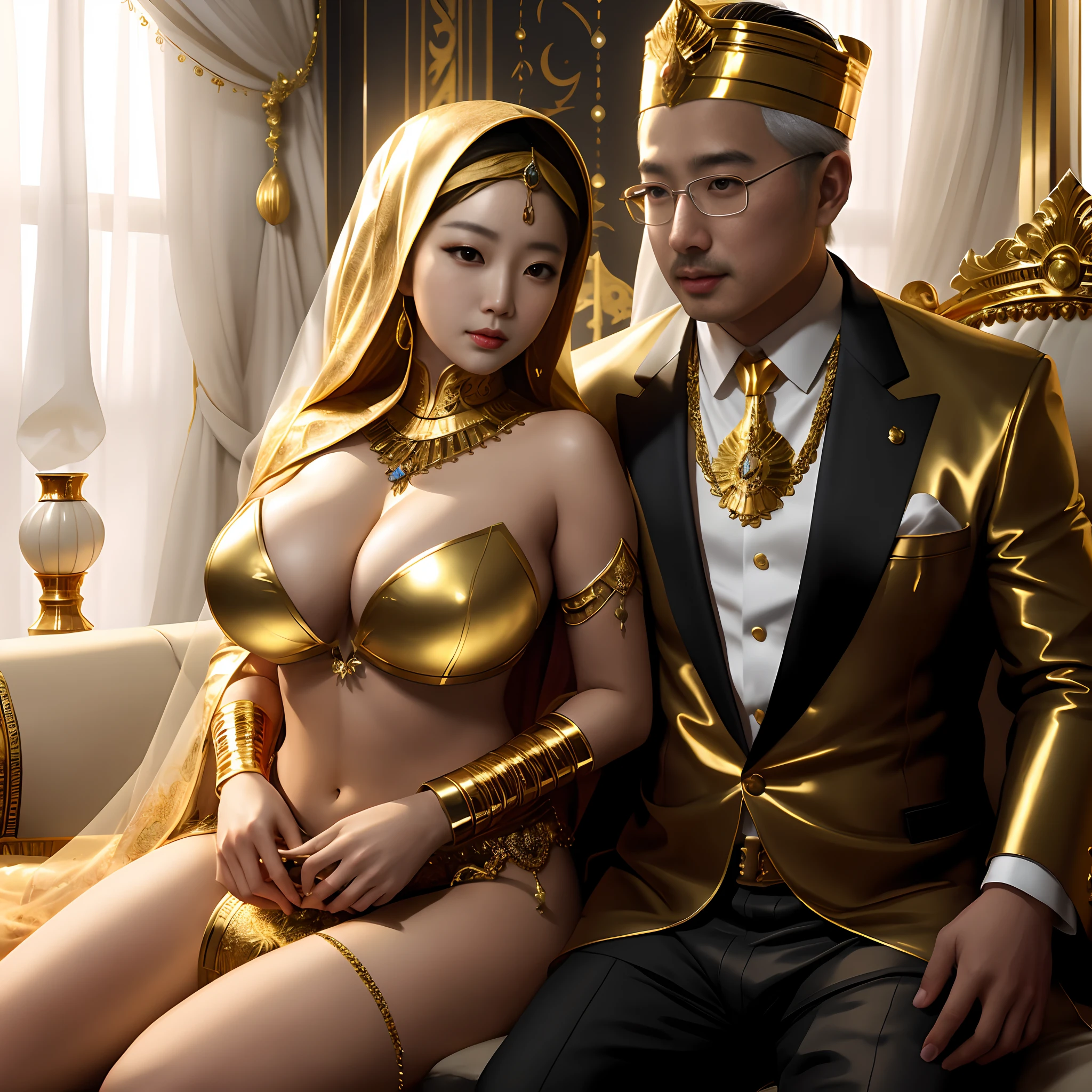 there is a man and woman dressed in gold posing for a picture, & jeehyung lee & wlop, realistic gold, a beautiful fantasy empress, gold noble, sakimichan and frank franzzeta, artwork in the style of guweiz, frank franzzeta and sakimichan, masayoshi suto and artgerm, golden throne