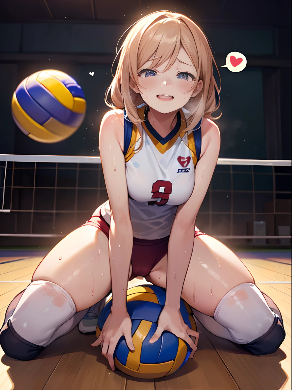 (((masterpiece))), (((best quality))), (((ultra detailed))), (((high-resolution))), ((super fine illustration)), ((Ultimate cutie)), detailed beautiful face, shiny hair, (gyaru), (medium breasts), (((solo))), ((drunken eyes)), ((seductive smile)), ((embarrassed expression)), (((blush))), half open mouth, ((female volleyball player)), BREAK, (((sit astride the Beautiful spherical shape 6-inch volleyball))), (((straddling on the Beautiful spherical shape 6-inch volleyball))), (((crotch on the Beautiful spherical shape 6-inch volleyball))), (((Rub the Beautiful spherical shape 6-inch ball against crotch)))), BREAK, (((buruma))), (Volleyball Uniform), (sleeveless volleyball uniform), ((love juice stain)), cameltoe, (bare Hands), ((sweat)), ((covered in sweat)), (breath), in Volleyball Court, in gymnasium, lighting, looking at viewer, full body, (spoken heart)