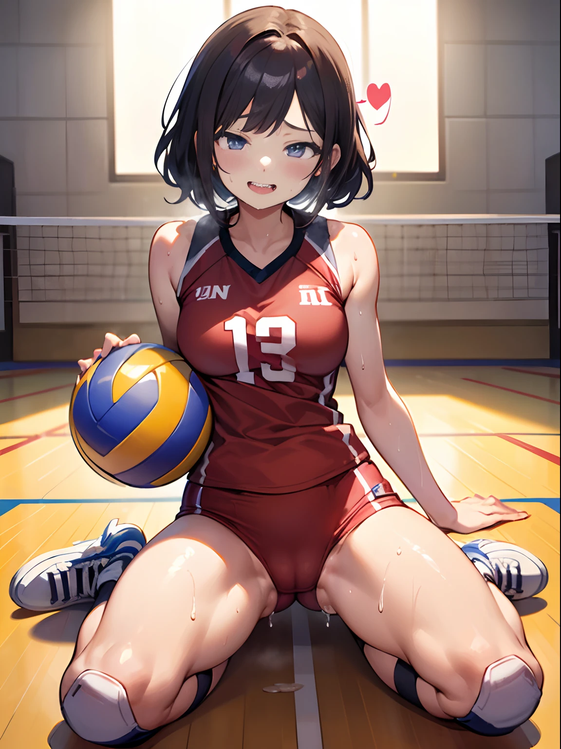(((masterpiece))), (((best quality))), (((ultra detailed))), (((high-resolution))), ((super fine illustration)), ((Ultimate cutie)), detailed beautiful face, shiny hair, (gyaru), (medium breasts), (((solo))), ((drunken eyes)), ((seductive smile)), ((embarrassed expression)), (((blush))), half open mouth, ((female volleyball player)), BREAK, (((sit astride the Beautiful spherical shape 6-inch volleyball))), (((straddling on the Beautiful spherical shape 6-inch volleyball))), (((crotch on the Beautiful spherical shape 6-inch volleyball))), (((Rub the Beautiful spherical shape 6-inch ball against crotch)))), BREAK, (((buruma))), (Volleyball Uniform), (sleeveless volleyball uniform), ((love juice stain)), cameltoe, (bare Hands), ((sweat)), ((covered in sweat)), (breath), in Volleyball Court, in gymnasium, lighting, looking at viewer, full body, (spoken heart)