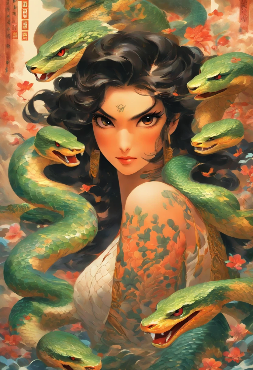 ultra-realistic image, white colors, HD image, Mythology, Snake Woman, snake body, snake tail, Chinese Woman, human, long black hair, (mermaid), (snake tail), scales, the image is clear , Chinese painting style, Shui Mo Hua, Thangka Style, aesthetics, Beautiful image, depth of field, centered on the canvas --no snake head, snake eyes, snake tooth
