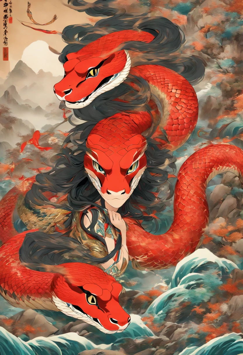 ultra-realistic image, white colors, HD image, Mythology, Snake Woman, snake body, snake tail, Chinese Woman, human, long black hair, (mermaid), (snake tail), scales, the image is clear , Chinese painting style, Shui Mo Hua, Thangka Style, aesthetics, Beautiful image, depth of field, centered on the canvas --no snake head, snake eyes, snake tooth