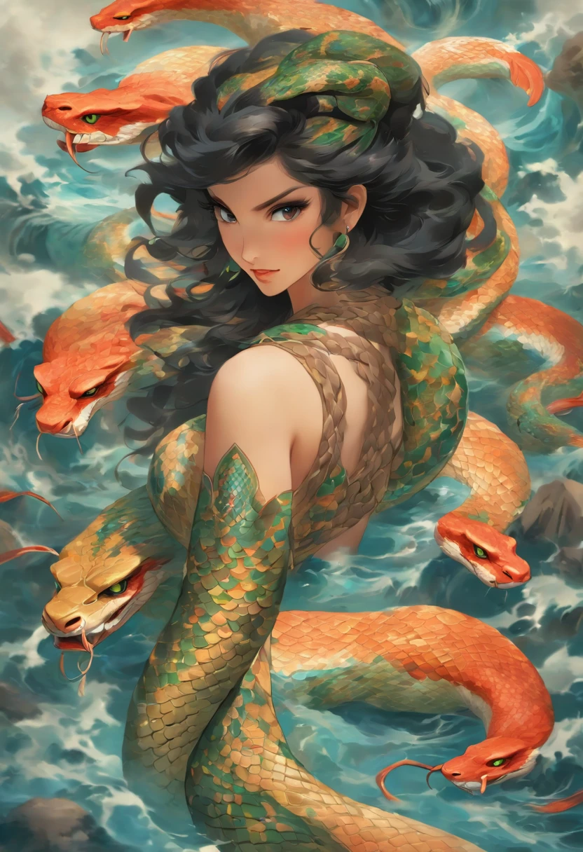 ultra-realistic image, white colors, HD image, Mythology, Snake Woman, snake body, snake tail, Chinese Woman, human, long black hair, (mermaid), (snake tail), scales, the image is clear , Chinese painting style, Shui Mo Hua, Thangka Style, aesthetics, Beautiful image, depth of field, centered on the canvas --no snake head, snake eyes, snake tooth