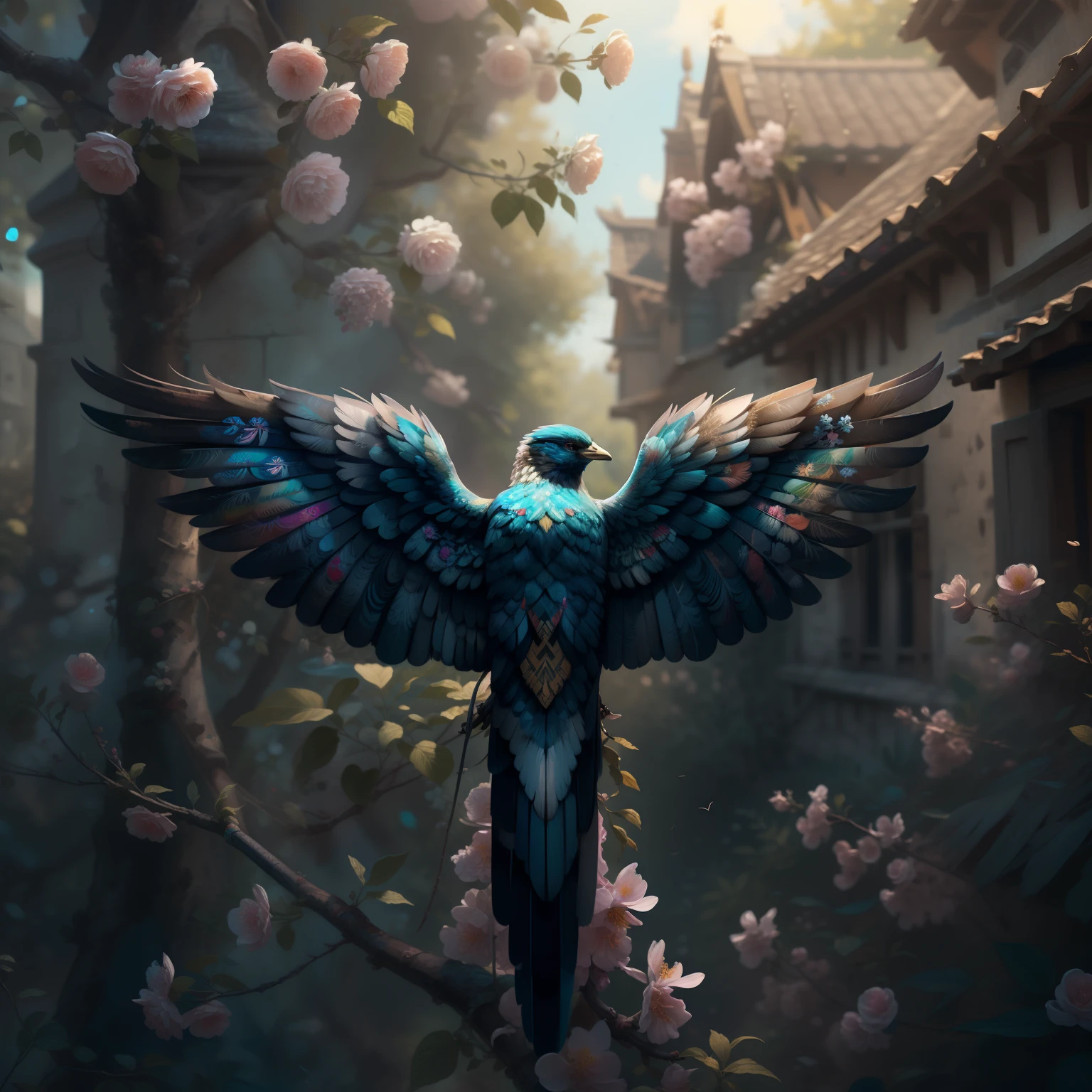 "1 oiseau martinet aux ailes ouvertes volant, fleur de cerisier, Ailes ouvertes, Wings Extended Upward, Top quality masterpiece, Officially beautiful art and aesthetics, Realistic and detailed 8K, Yang08K."